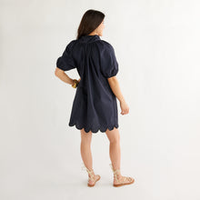 Load image into Gallery viewer, Caryn Lawn Ryan Bow Dress Navy Scallop