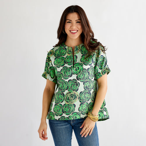Caryn Lawn Betsy Jacquard Rose Top Green and Navy