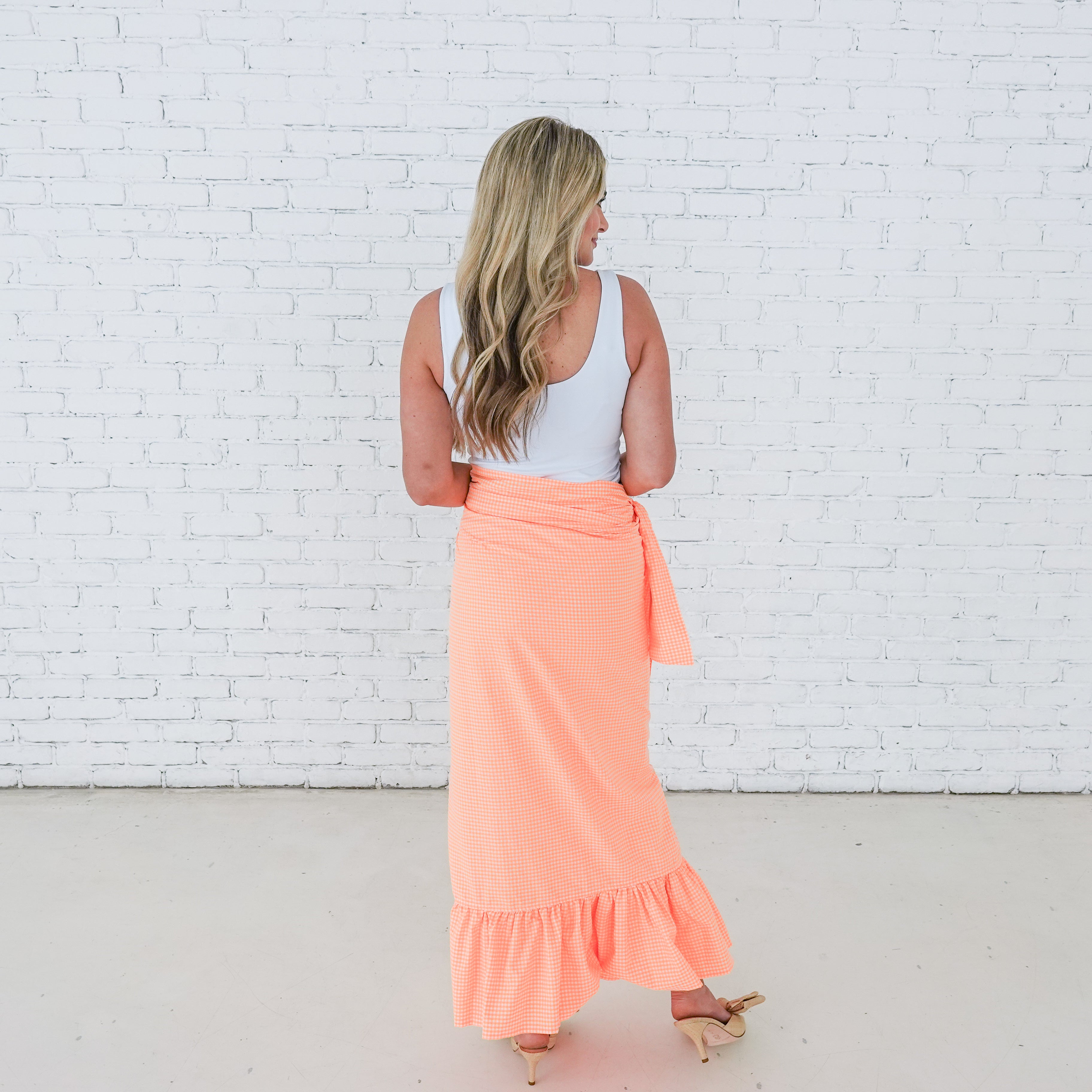 Caryn Lawn Whitney Wrap Skirt Gingham Neon Orange