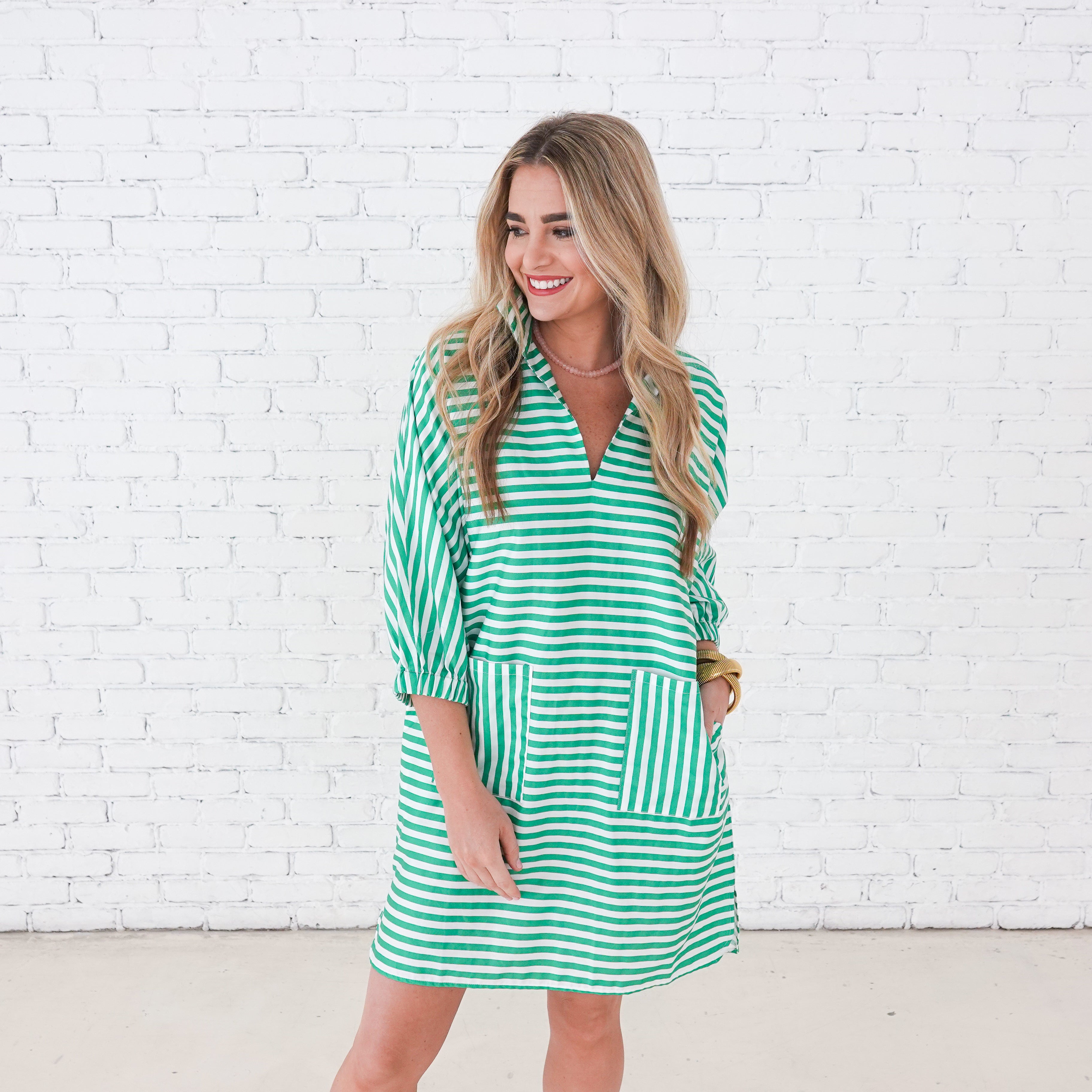 Caryn Lawn Betsy Dress Green Stripe