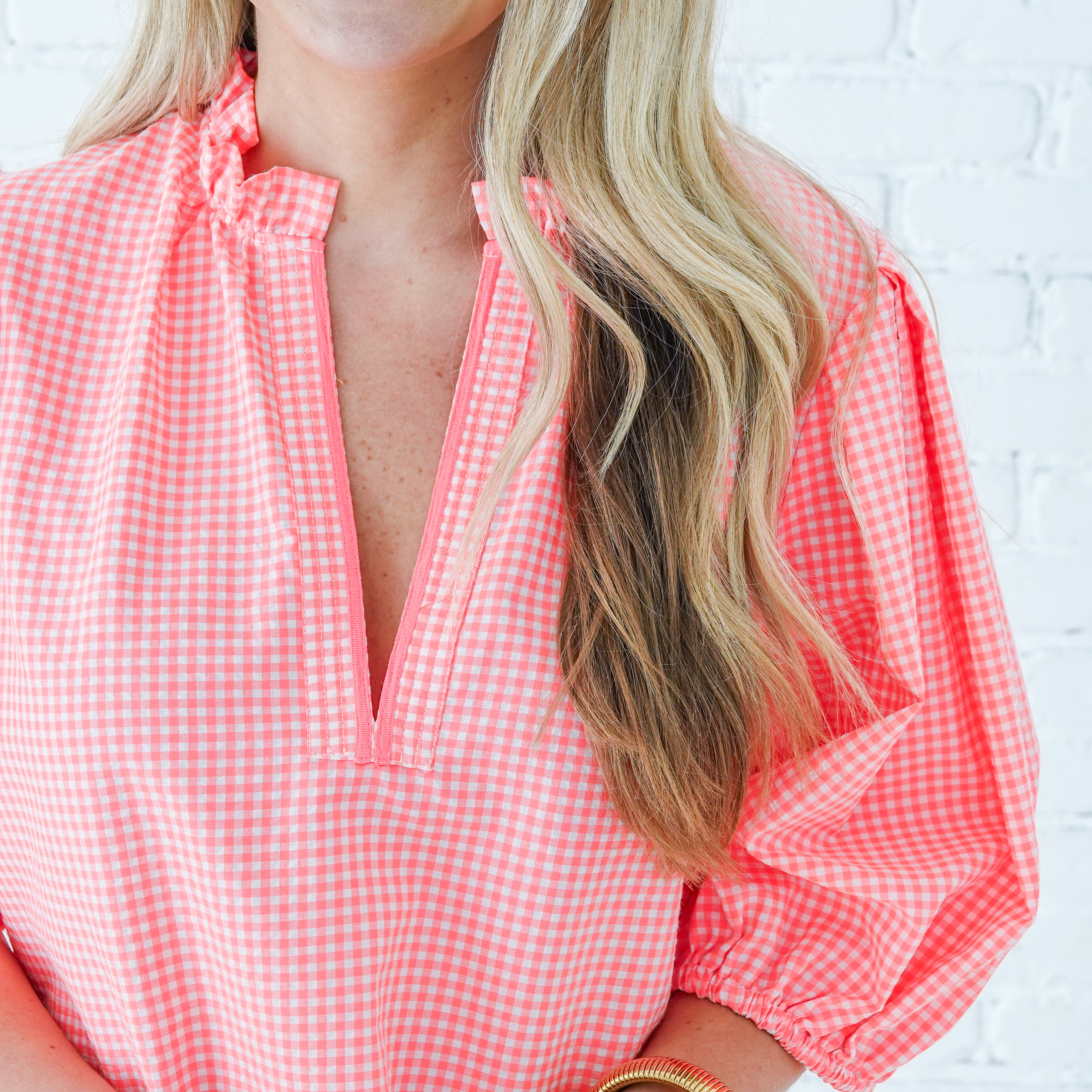 Caryn Lawn Anna Top Gingham Neon Pink
