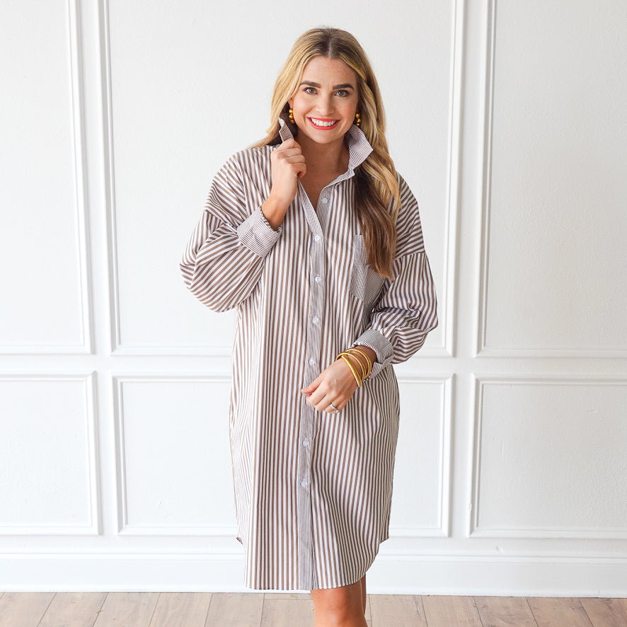 Caryn Lawn Frances Dress Camel Stripe