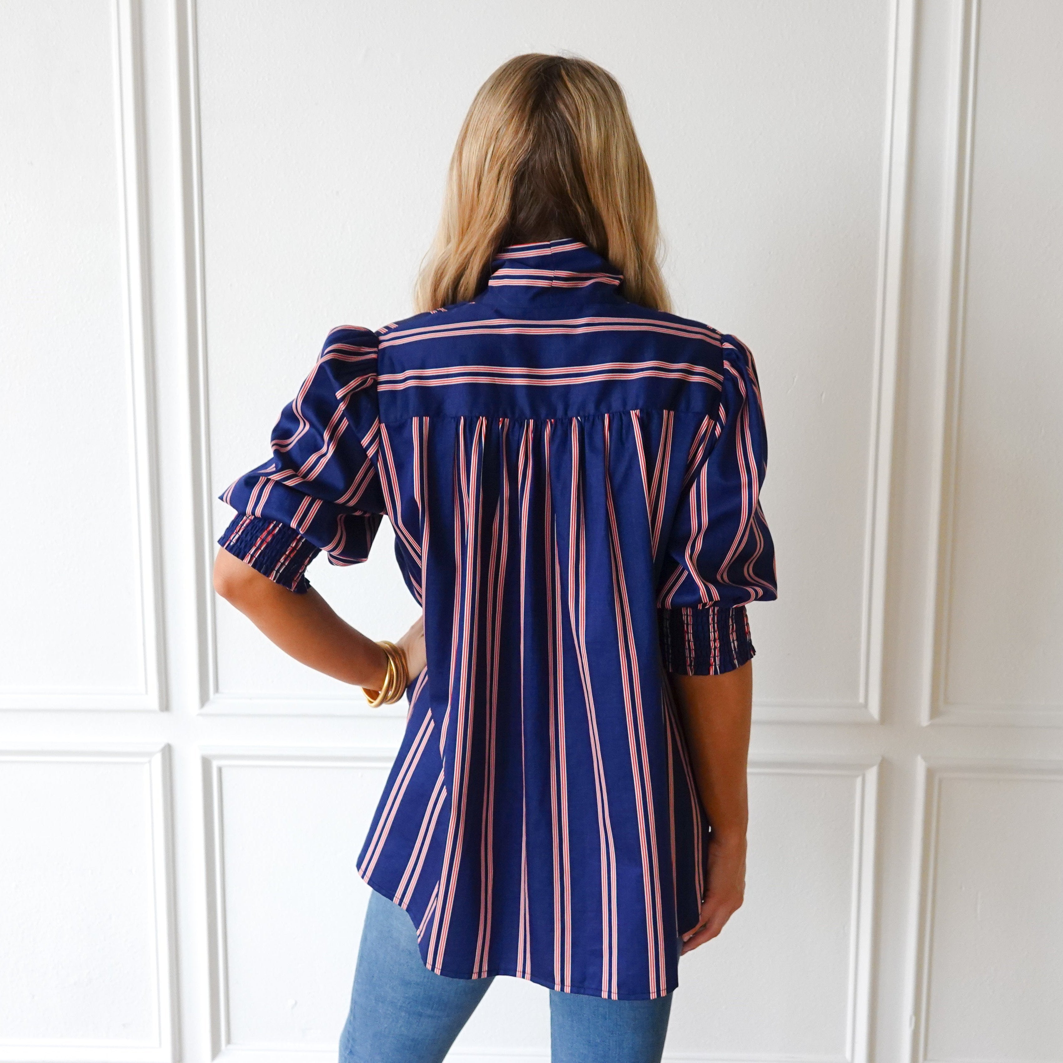 Caryn Lawn Holly Bow Top Navy with Red and White Stripe