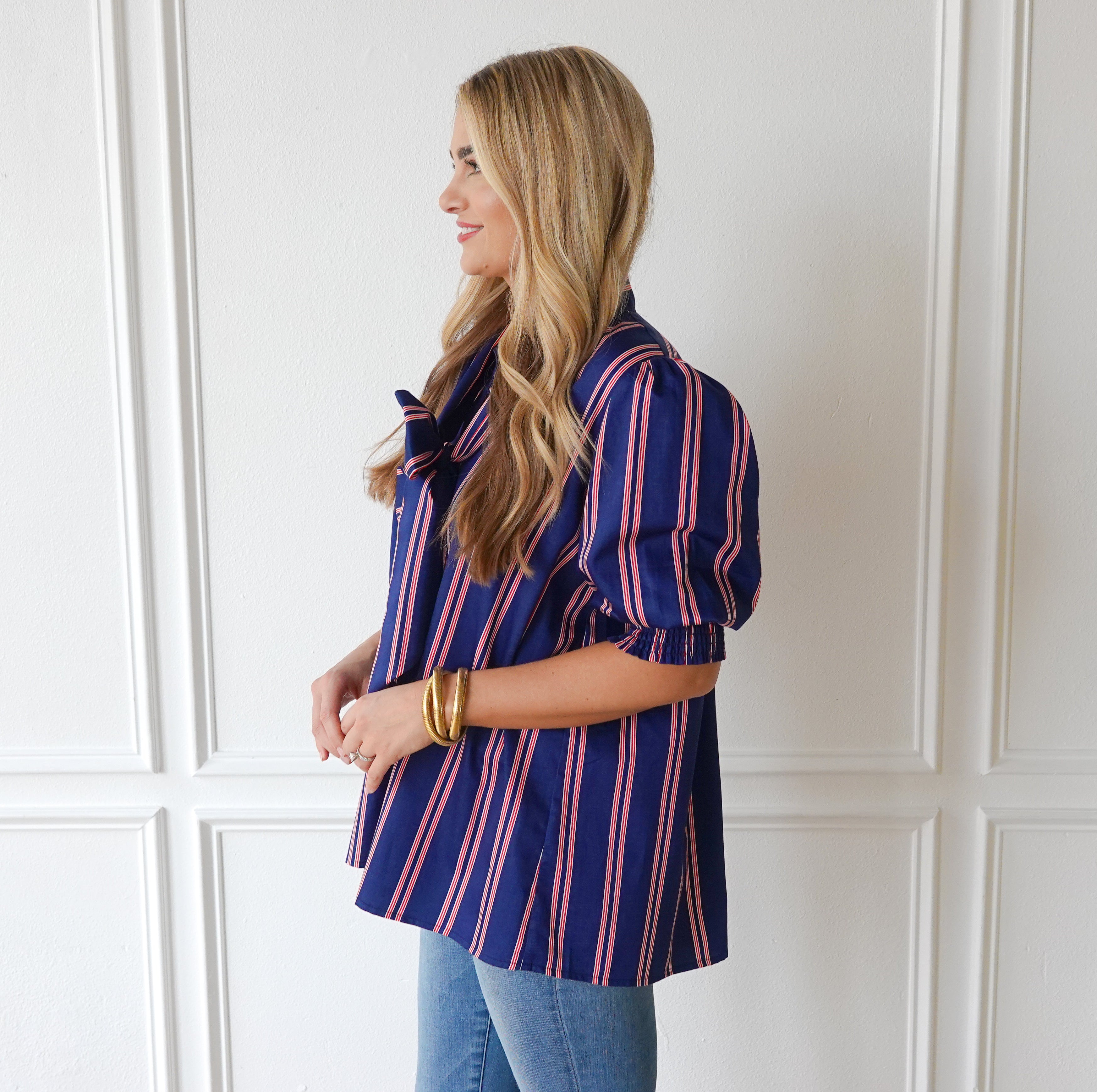 Caryn Lawn Holly Bow Top Navy with Red and White Stripe