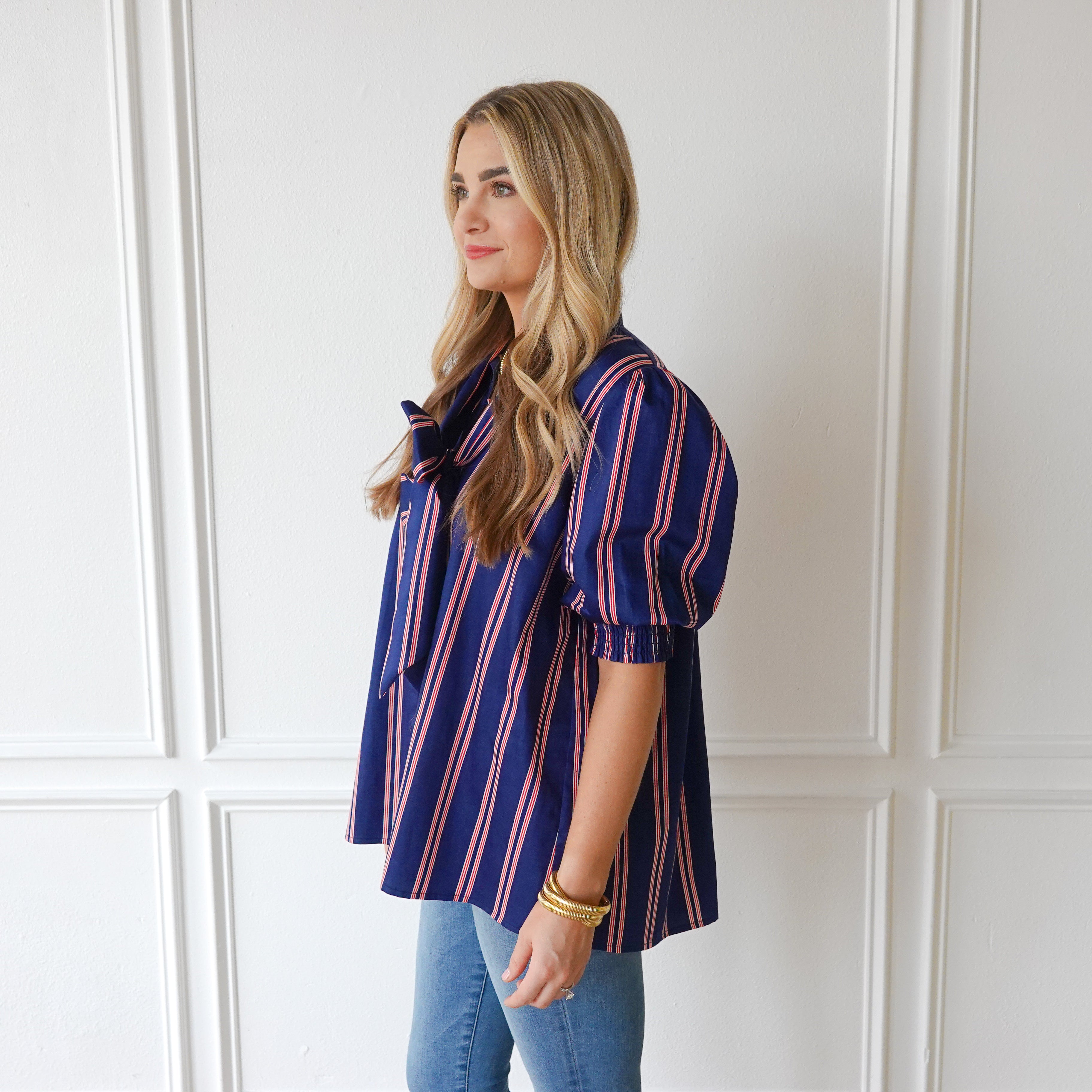 Caryn Lawn Holly Bow Top Navy with Red and White Stripe