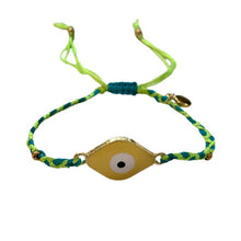 Load image into Gallery viewer, Caryn Lawn Surfside Evil Eye Macrame Charm Bracelet- Neon Green/Blue