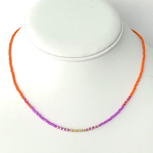 Caryn Lawn Seed Bead Necklace- Tangerine/Purple/Gold