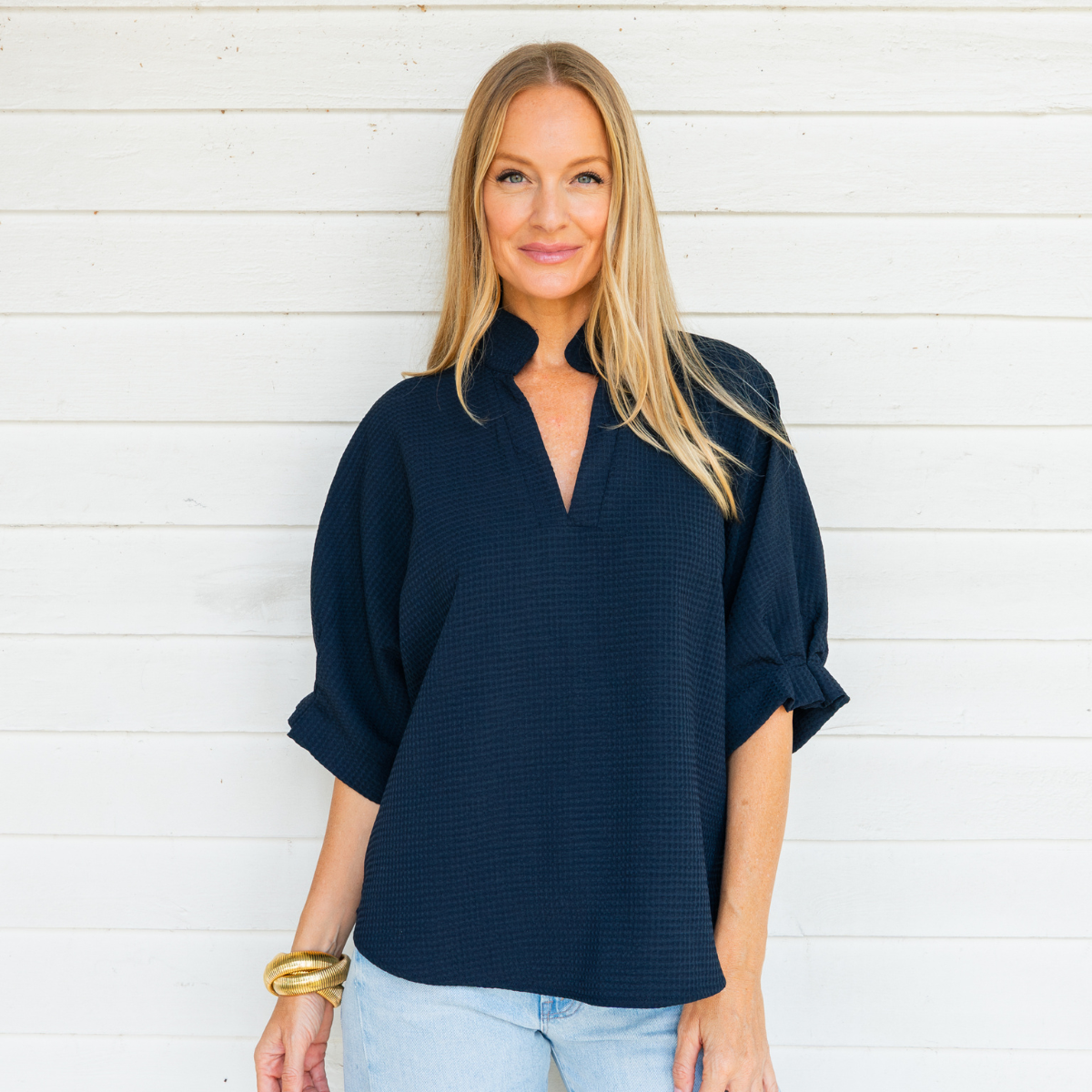 Caryn Lawn Caroline Top Navy Waffle