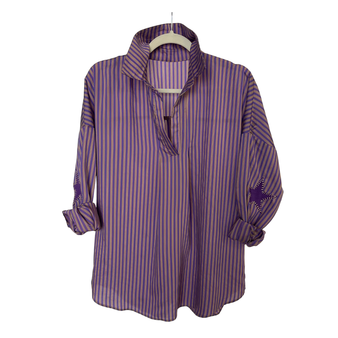 Caryn Lawn Preppy Star Elbow Top Purple Stripe