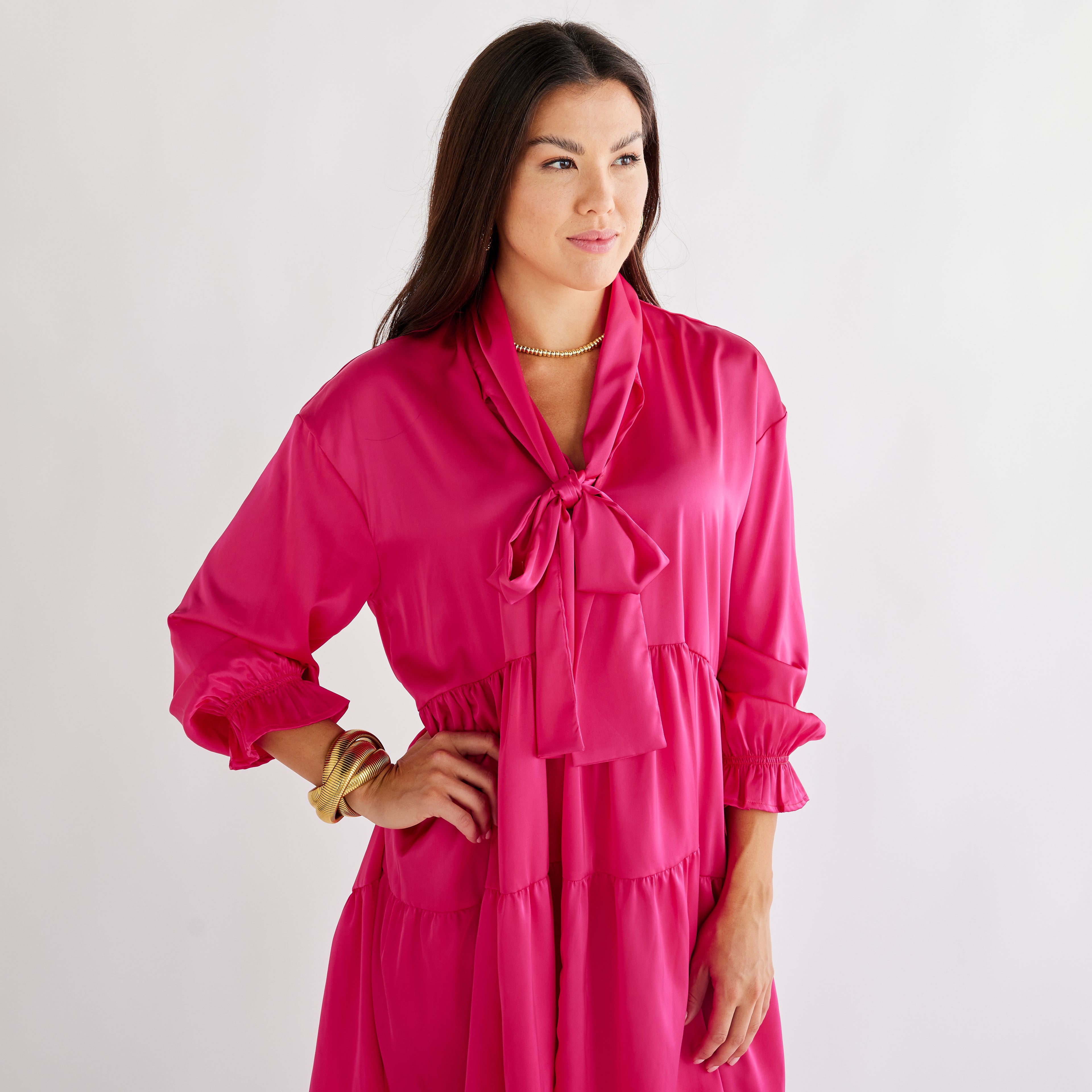 Caryn Lawn Maren Bow Silky Dress Fuchsia
