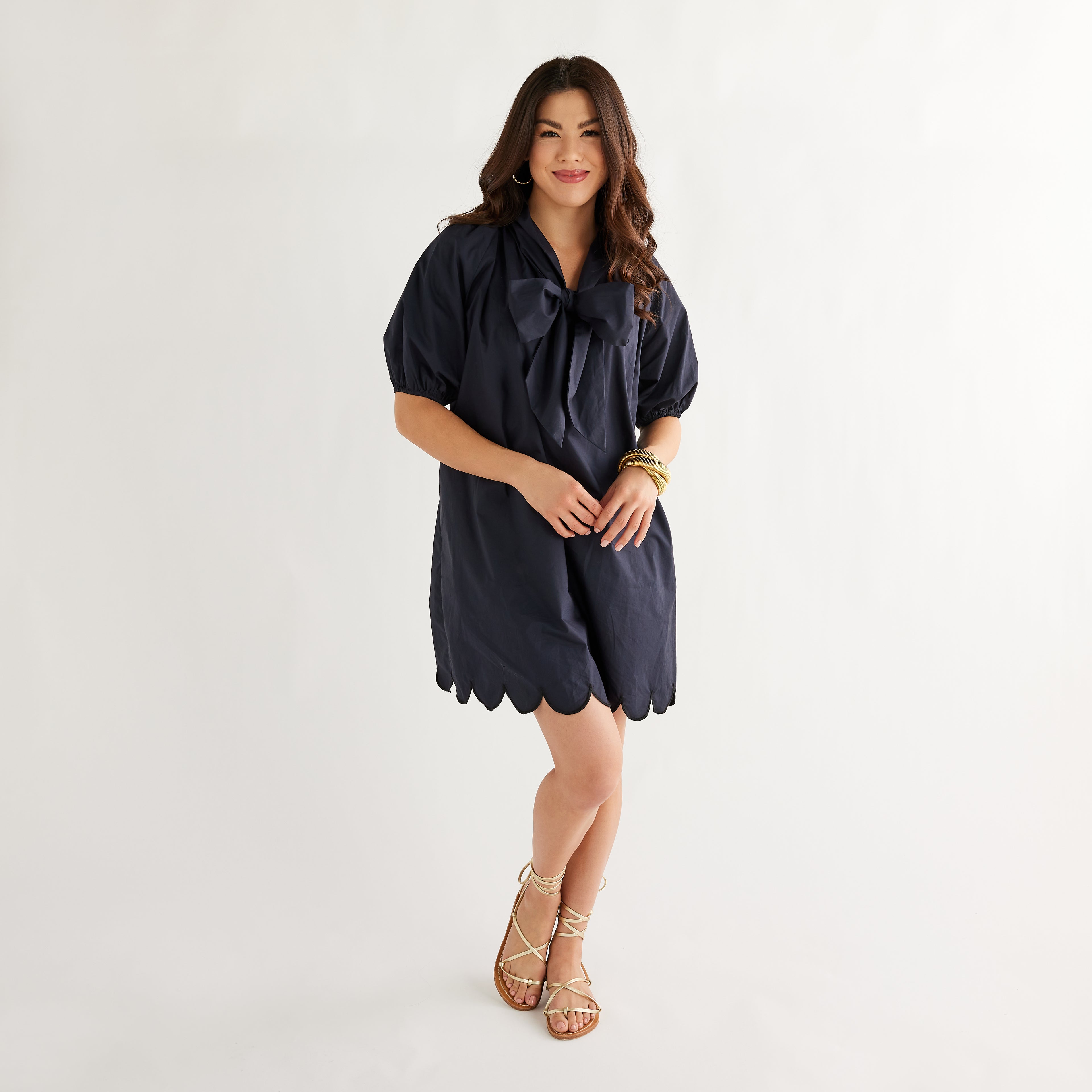 Caryn Lawn Ryan Bow Dress Navy Scallop