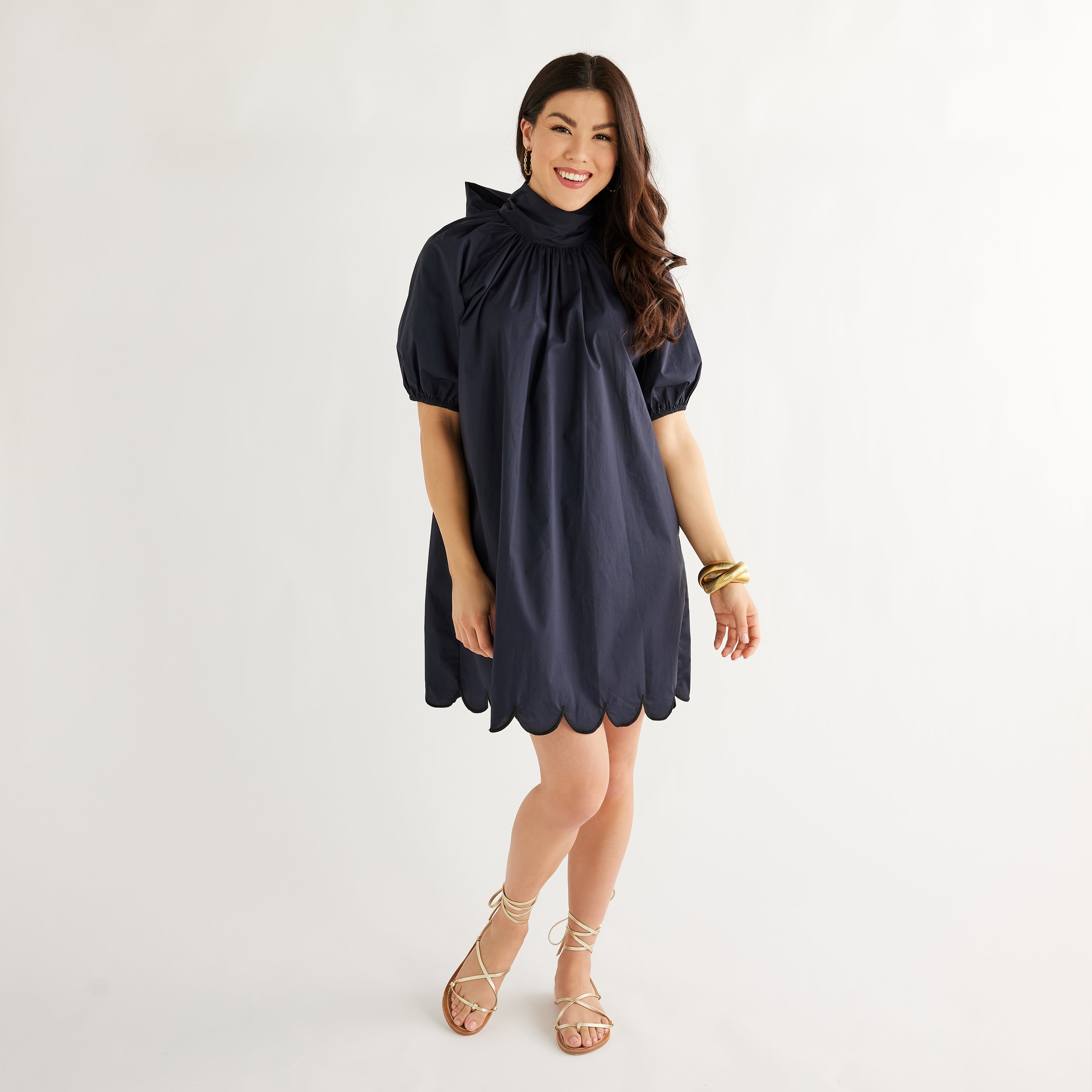 Caryn Lawn Ryan Bow Dress Navy Scallop