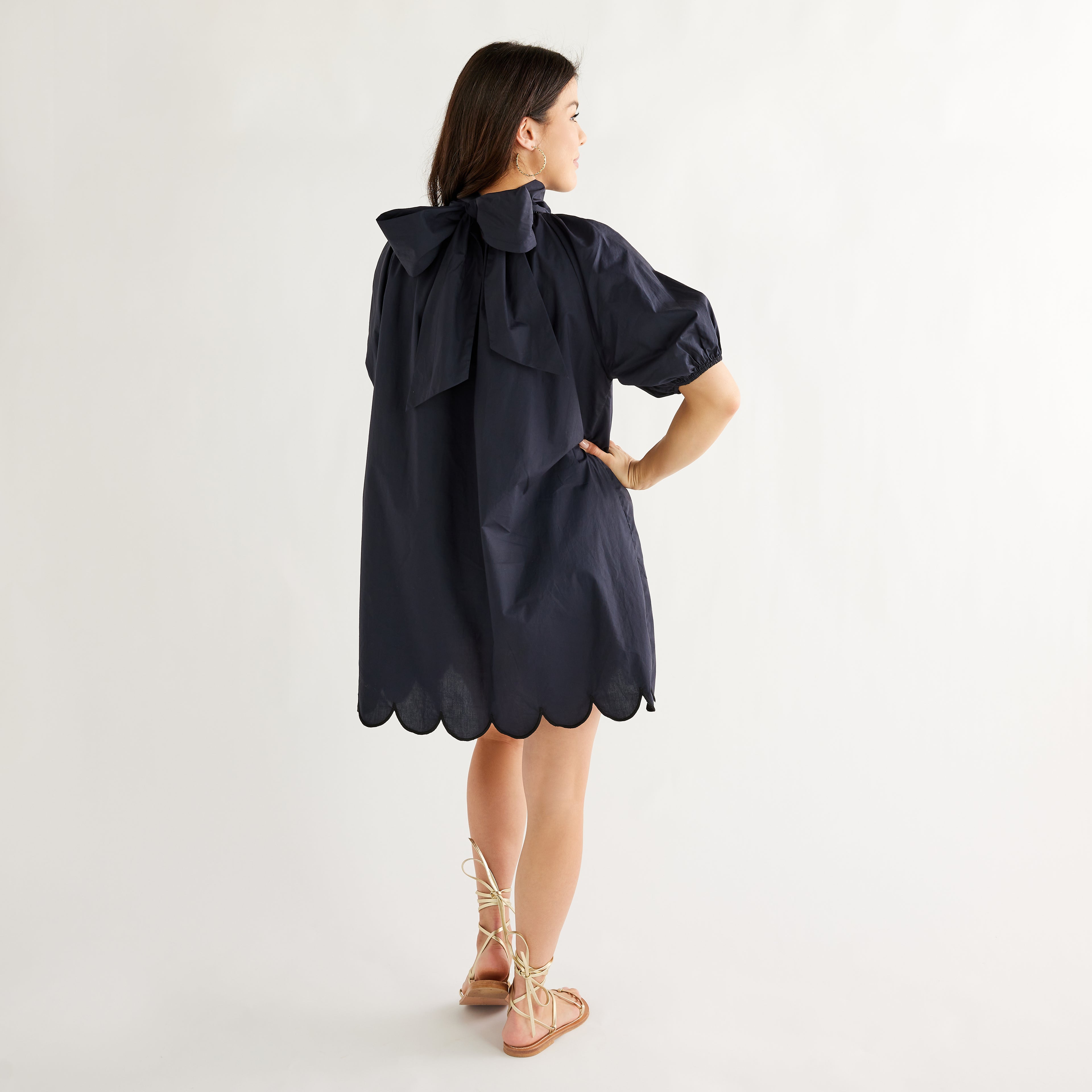 Caryn Lawn Ryan Bow Dress Navy Scallop