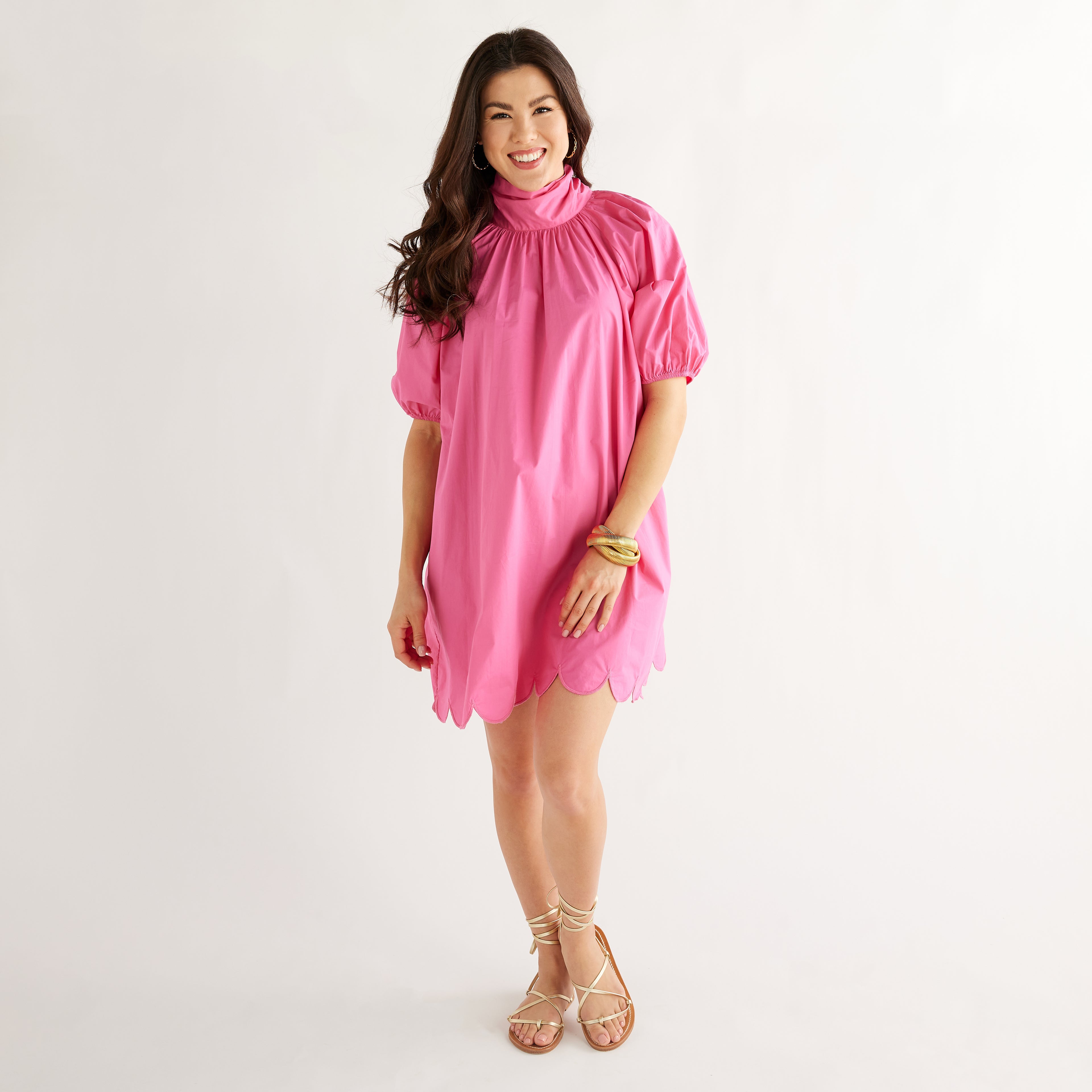 Caryn Lawn Ryan Bow Dress Bright Pink Scallop