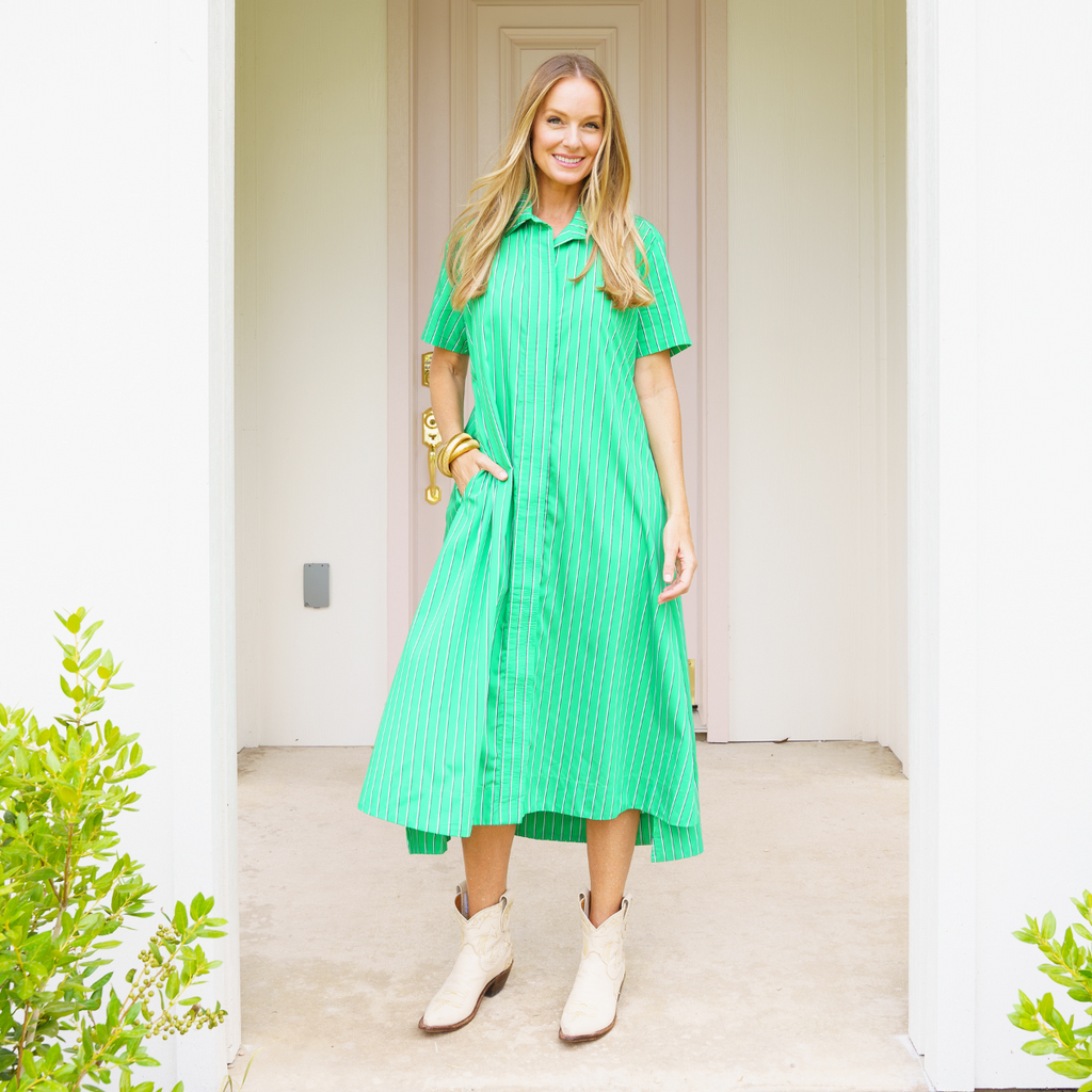 Caryn Lawn Millie Dress Long Green Stripe