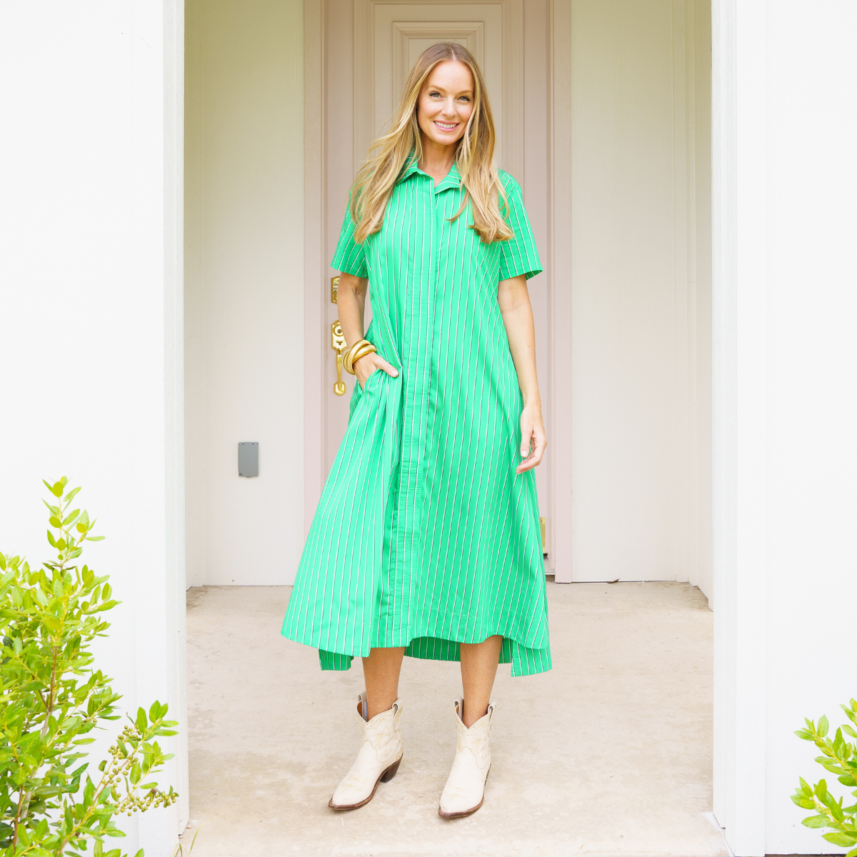 Caryn Lawn Millie Dress Long Green Stripe