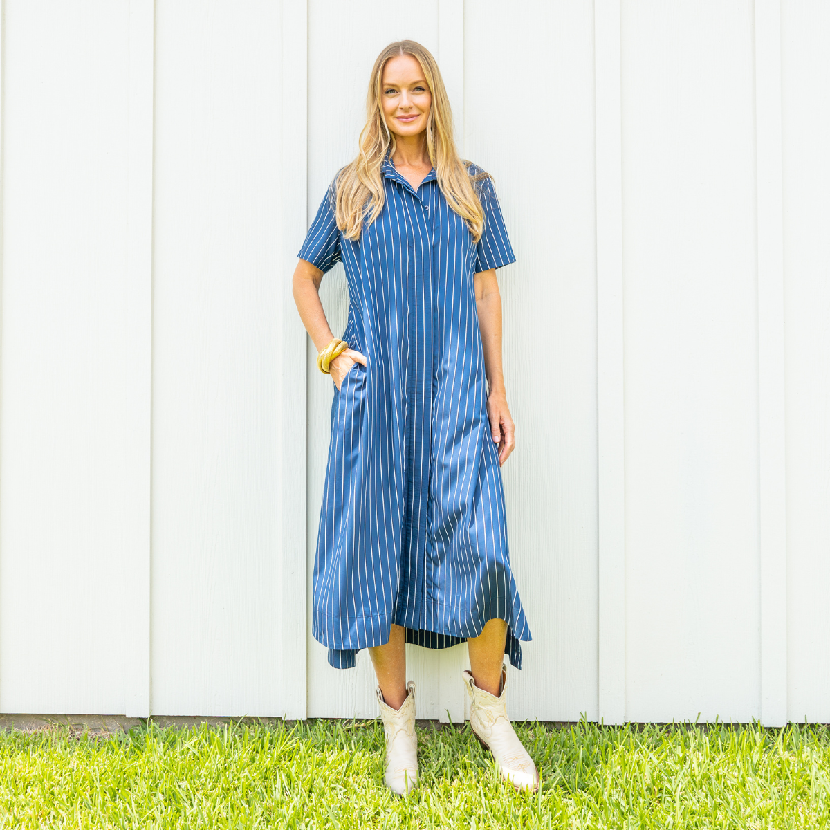 Caryn Lawn Millie Dress Long Royal Stripe