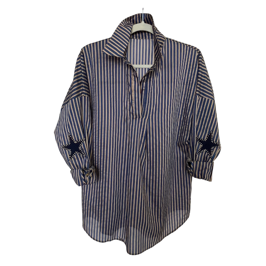 Caryn Lawn Preppy Star Elbow Top Navy Stripe
