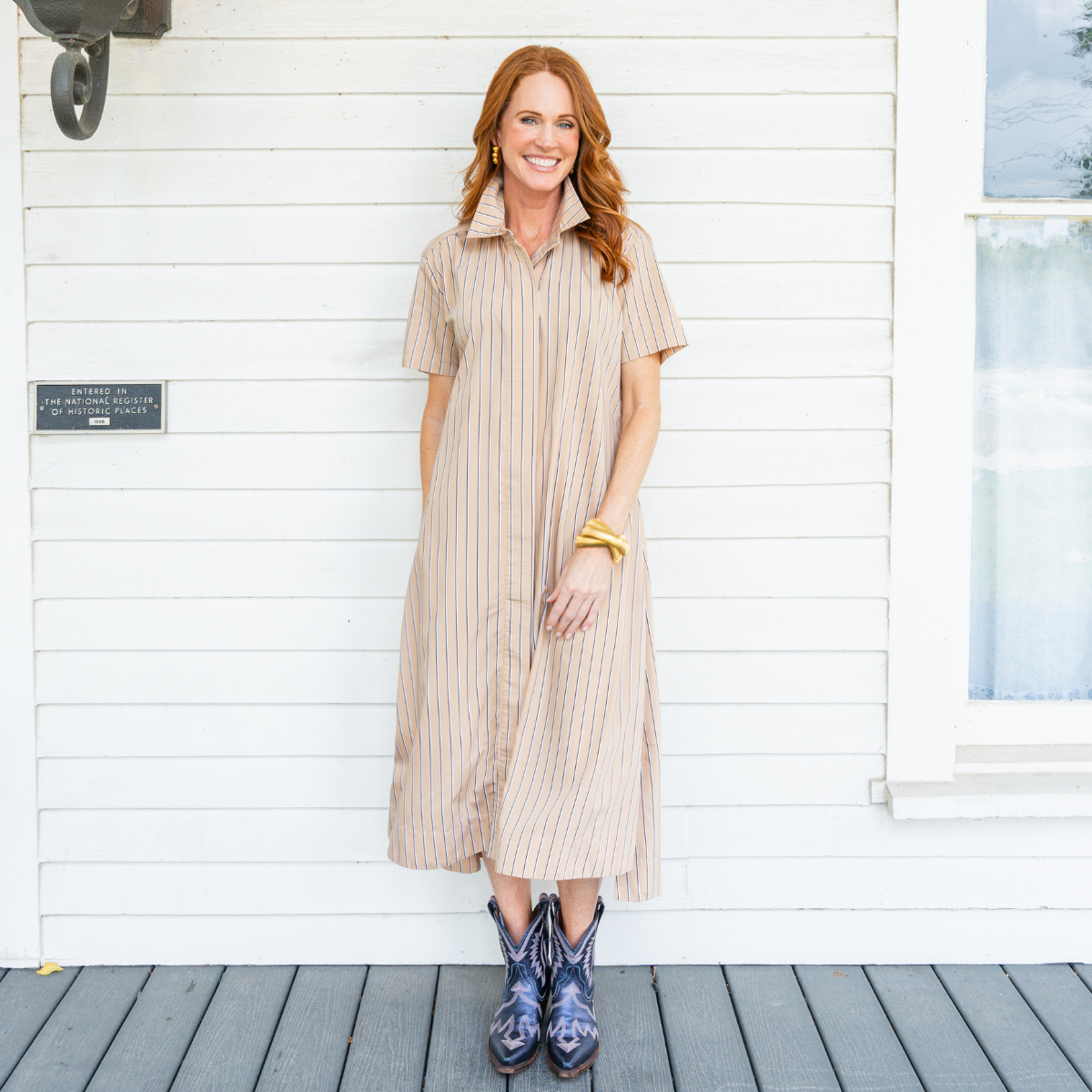 Caryn Lawn Millie Dress Long Khaki Stripe
