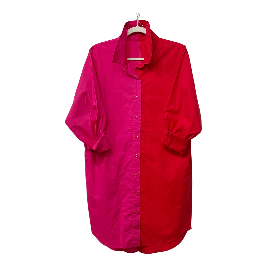 red and pink contrast dress Pink Contrast Ric Rac Detail Multi Tiered Midi Dress