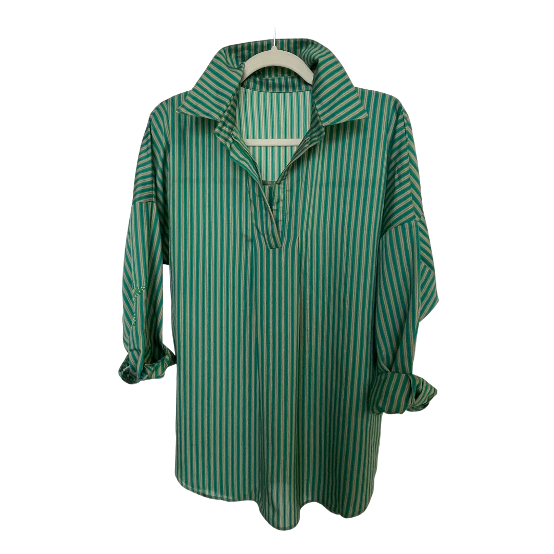 Caryn Lawn Preppy Star Elbow Top Green Stripe