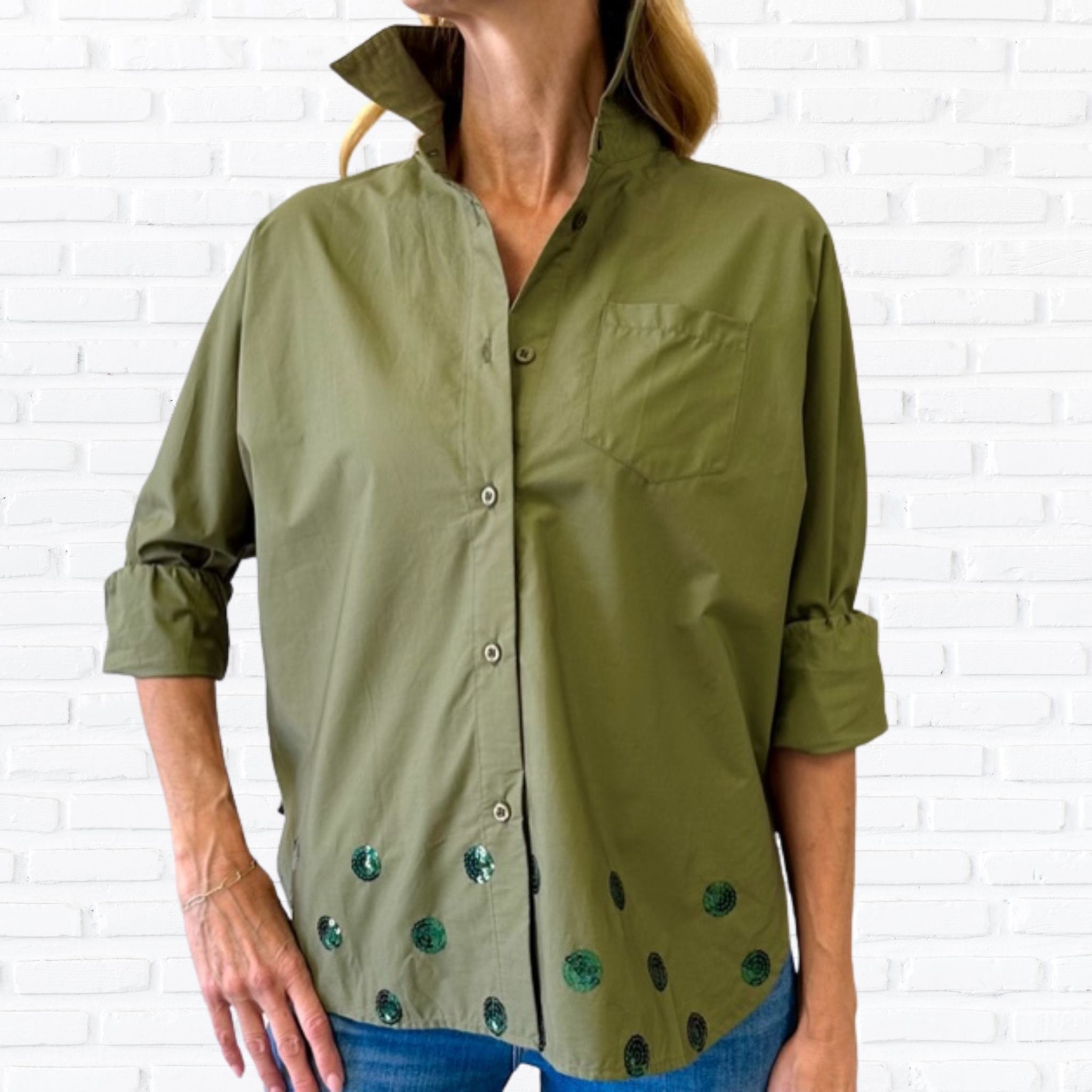 Caryn Lawn Abby Swing Sequin Top Olive