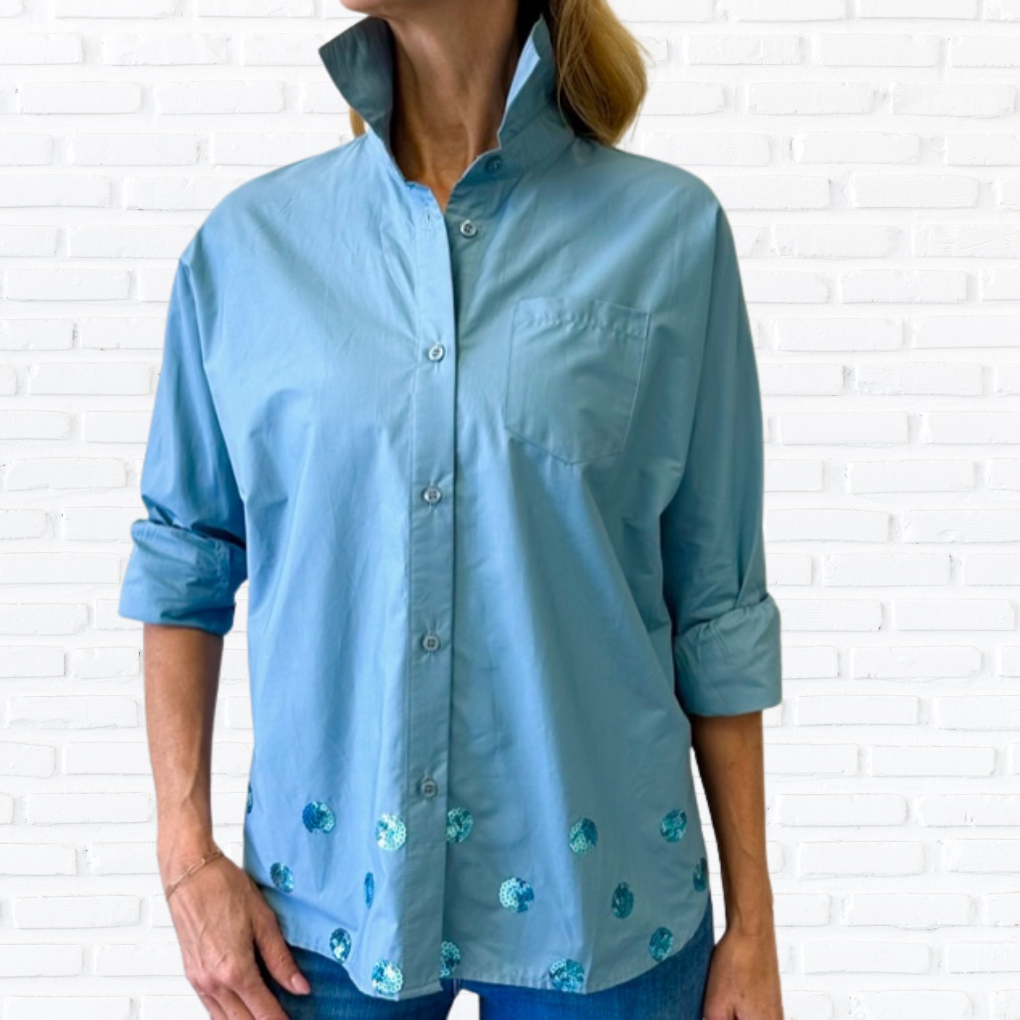 Caryn Lawn Abby Swing Sequin Top Wedgewood