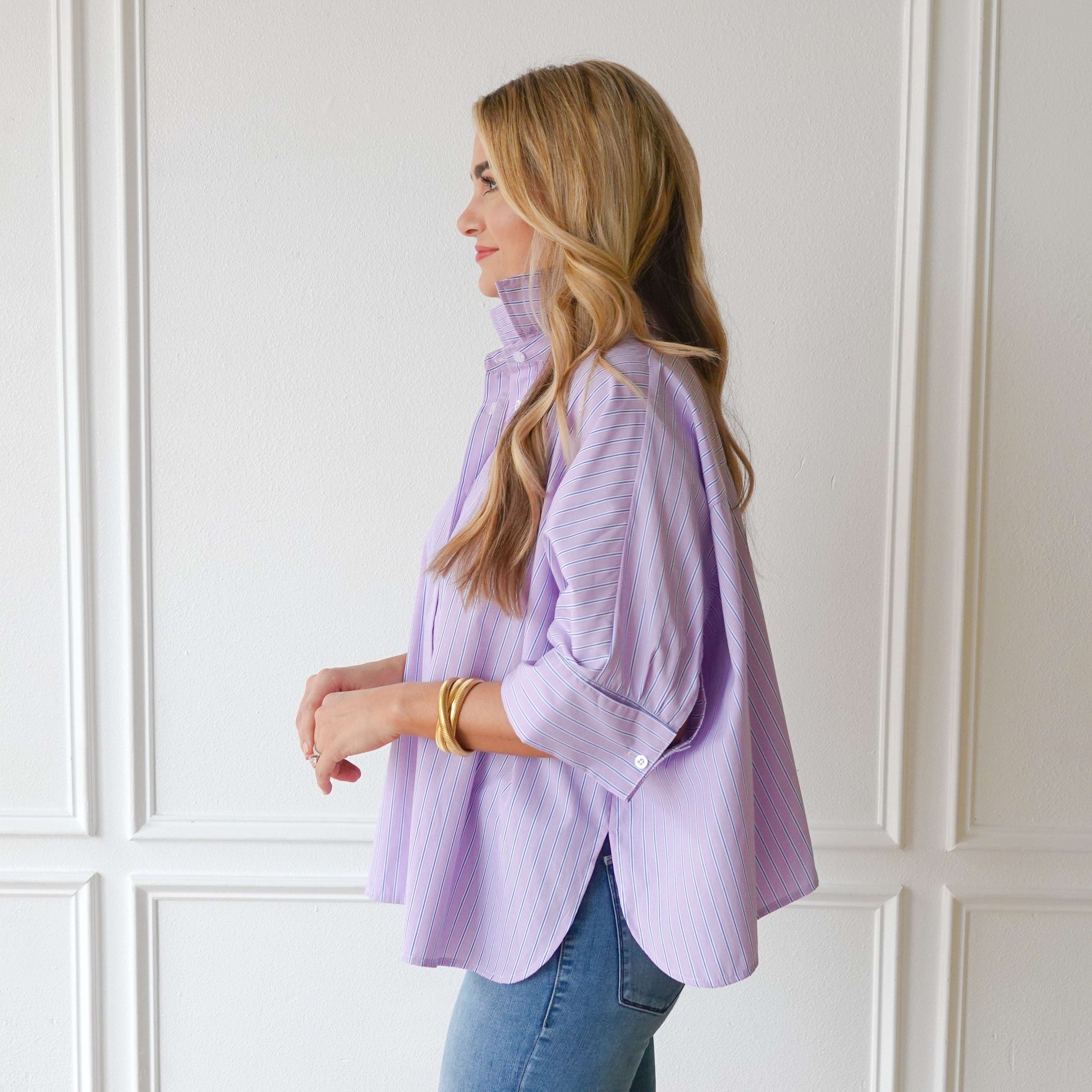 Caryn Lawn Abby Swing Top Lavender and Navy Stripe