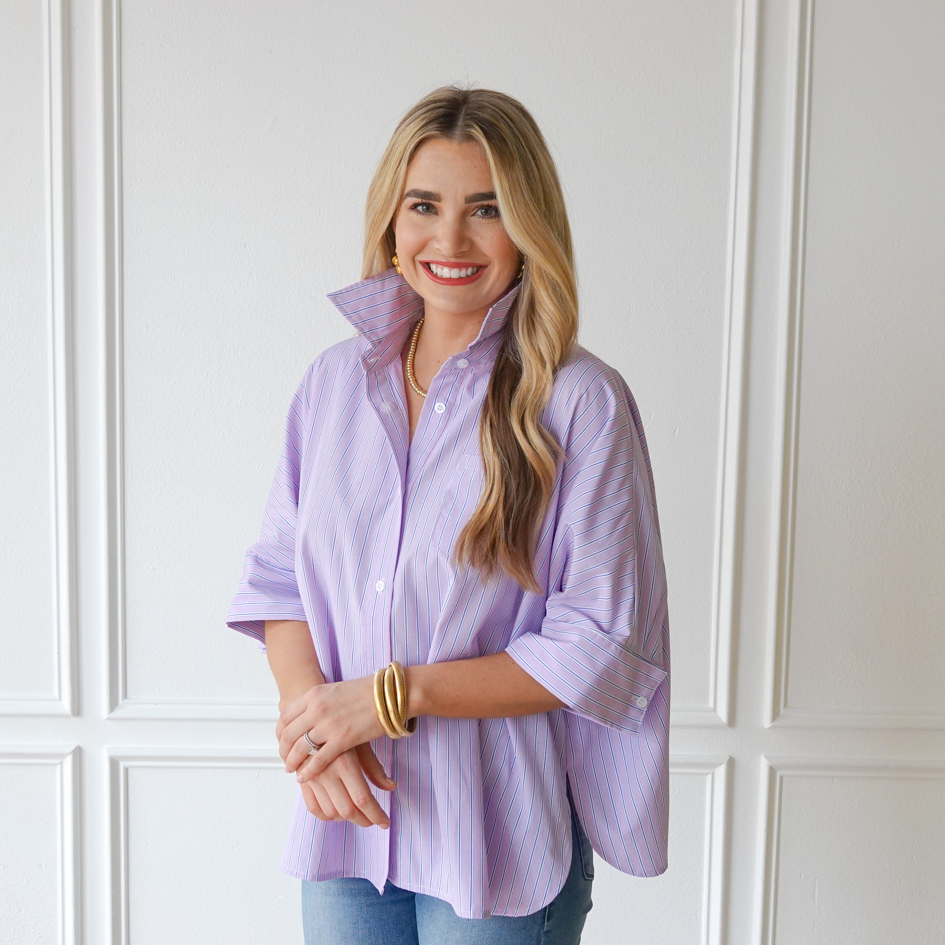 Caryn Lawn Abby Swing Top Lavender and Navy Stripe