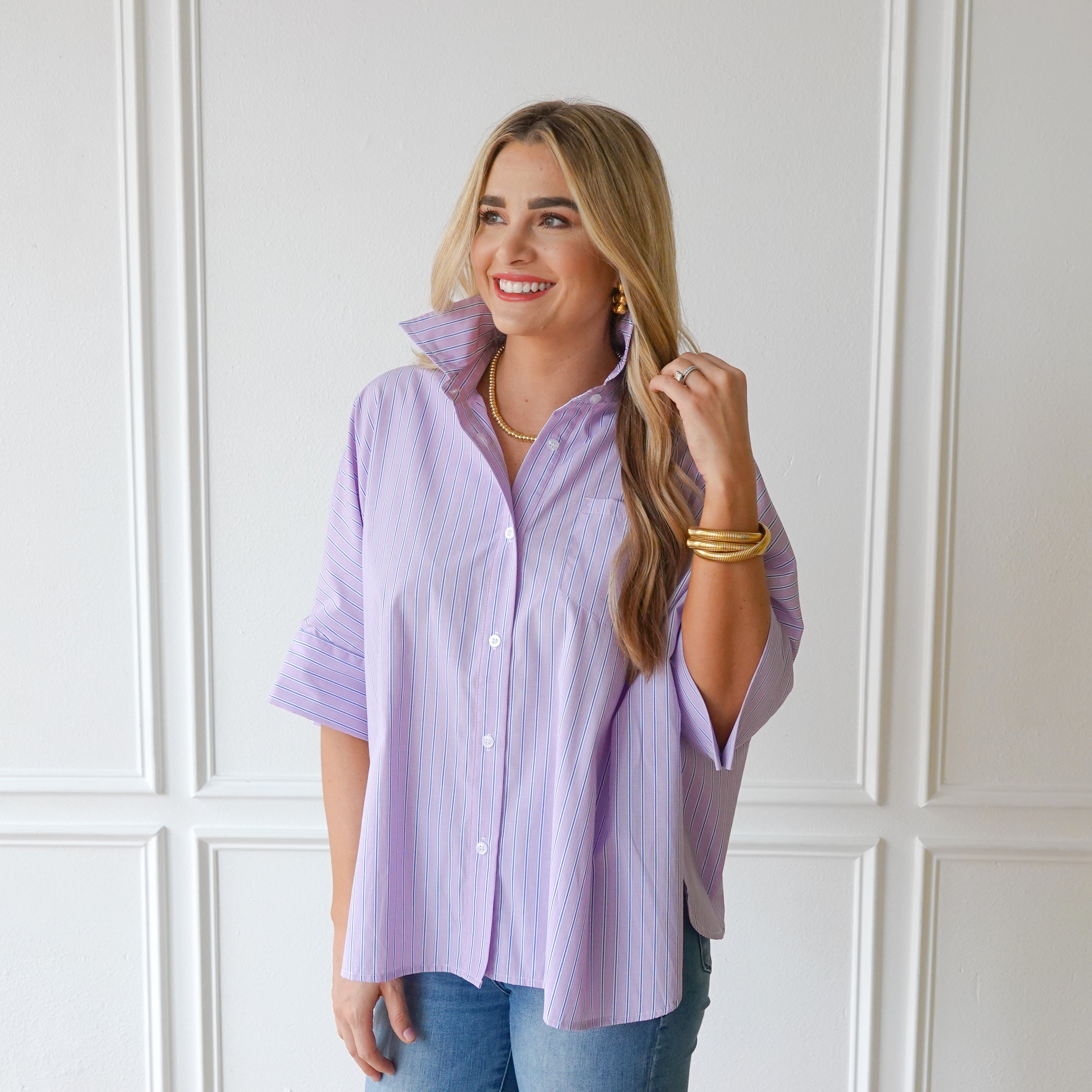 Caryn Lawn Abby Swing Top Lavender and Navy Stripe