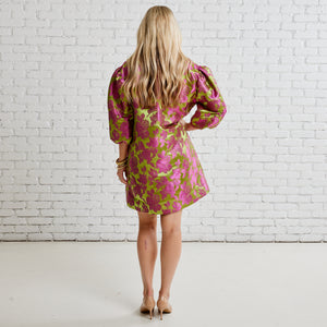 Caryn Lawn Asher Jacquard Dress Chartreuse and Pink