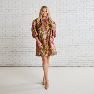 Caryn Lawn Asher Jacquard Dress Chartreuse and Pink