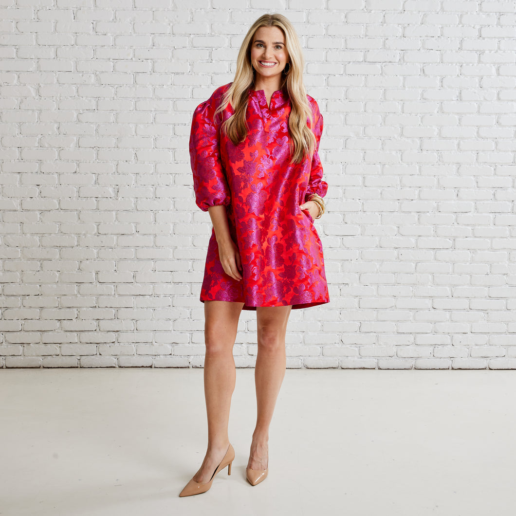 Caryn Lawn Asher Jacquard Dress Pink and Red