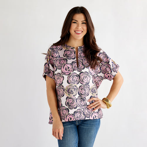 Betsy Jacquard Rose Top Navy and Pink