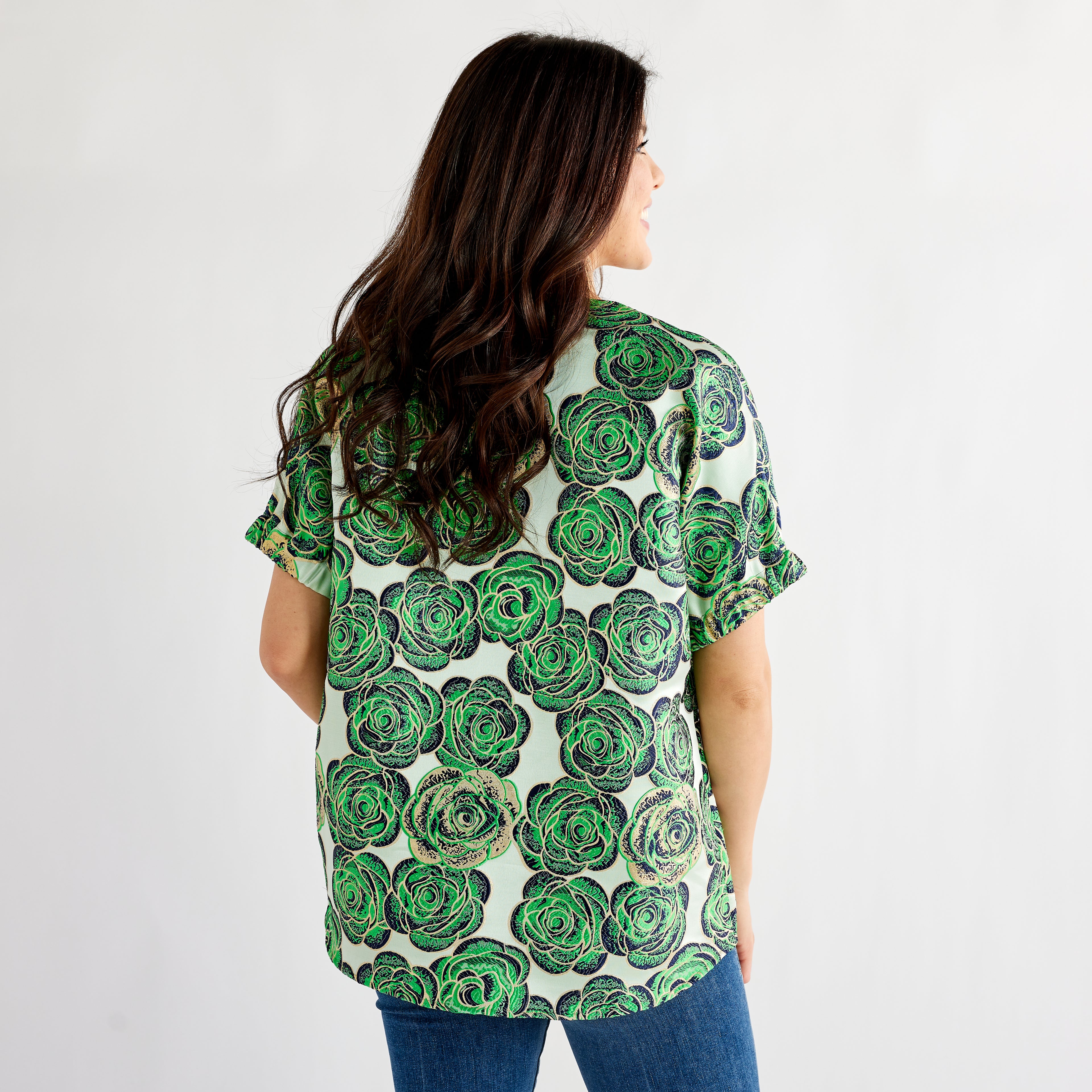 Caryn Lawn Betsy Jacquard Rose Top Green and Navy