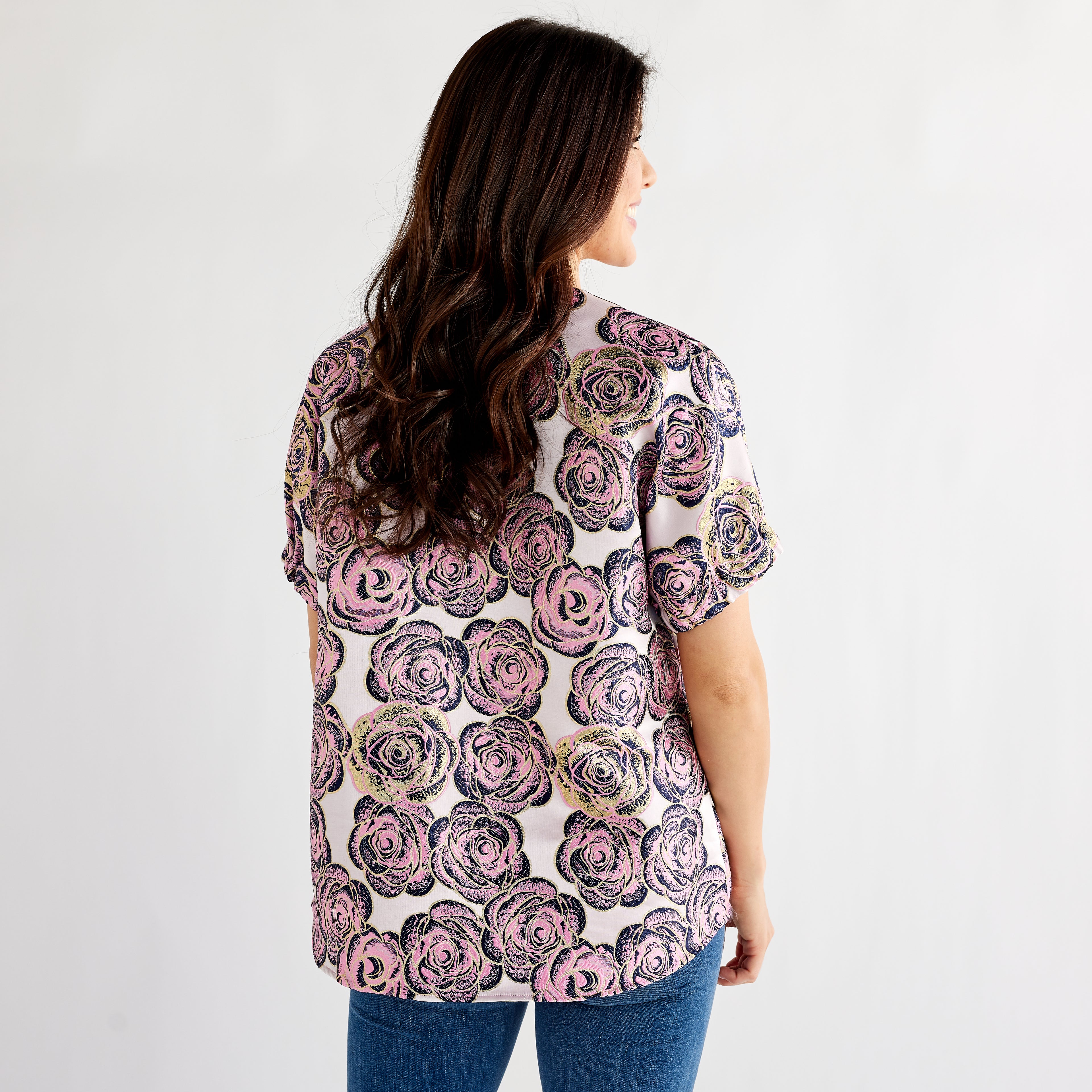 Caryn Lawn Betsy Jacquard Rose Top Navy and Pink