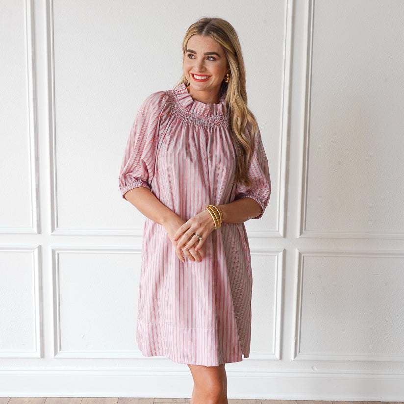 Caryn Lawn Brooke Dress Gray and Persimmon Stripe