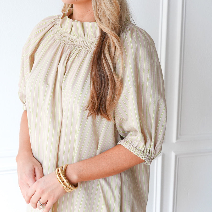 Caryn Lawn Brooke Dress Khaki and Neon Stripe