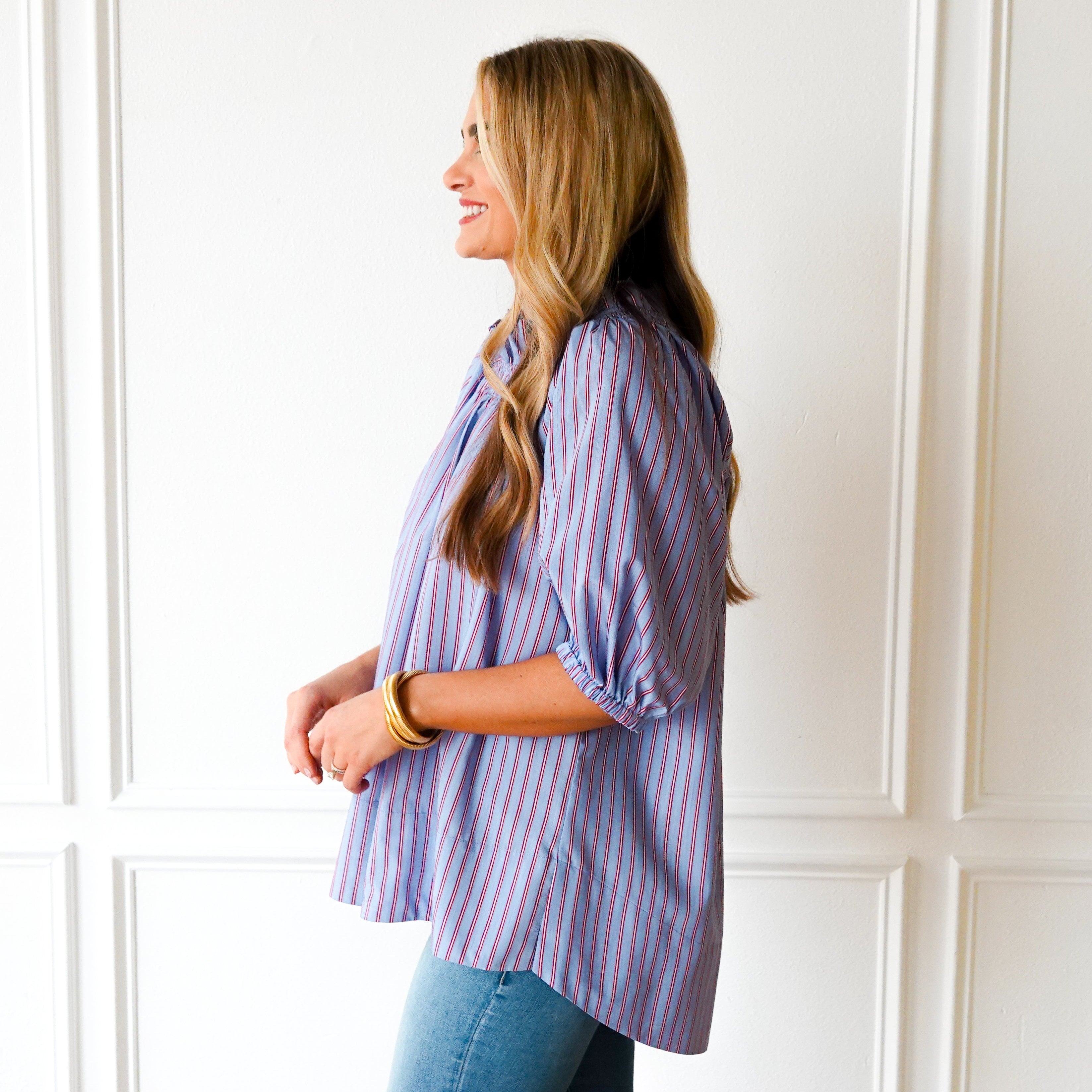 Caryn Lawn Brooke Top Blue and Red Stripe