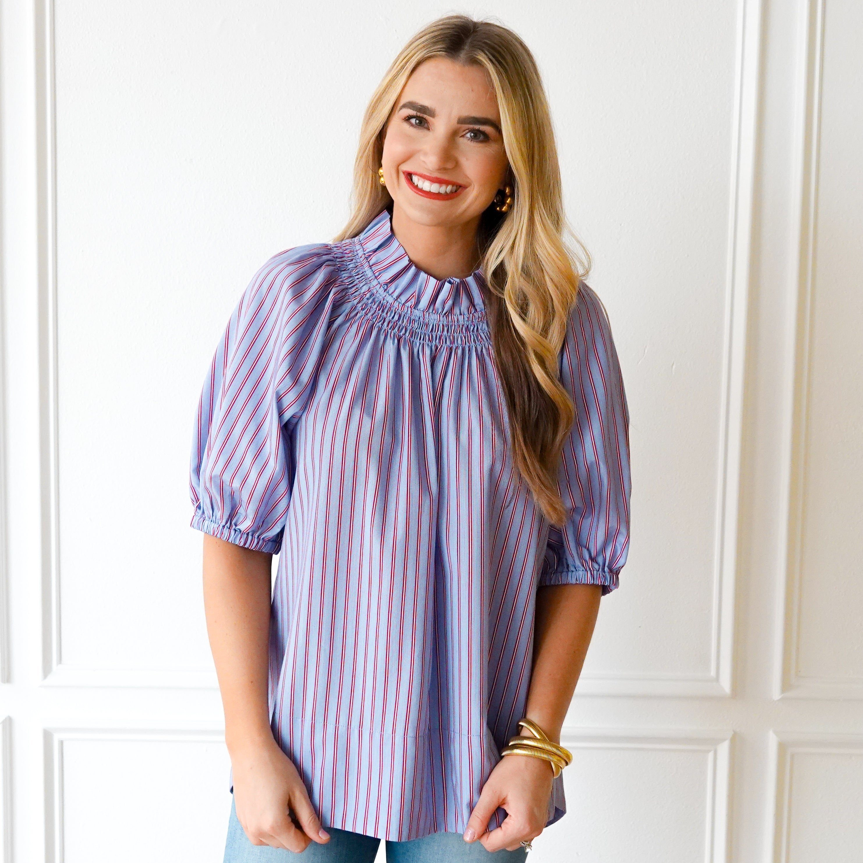 Caryn Lawn Brooke Top Blue and Red Stripe