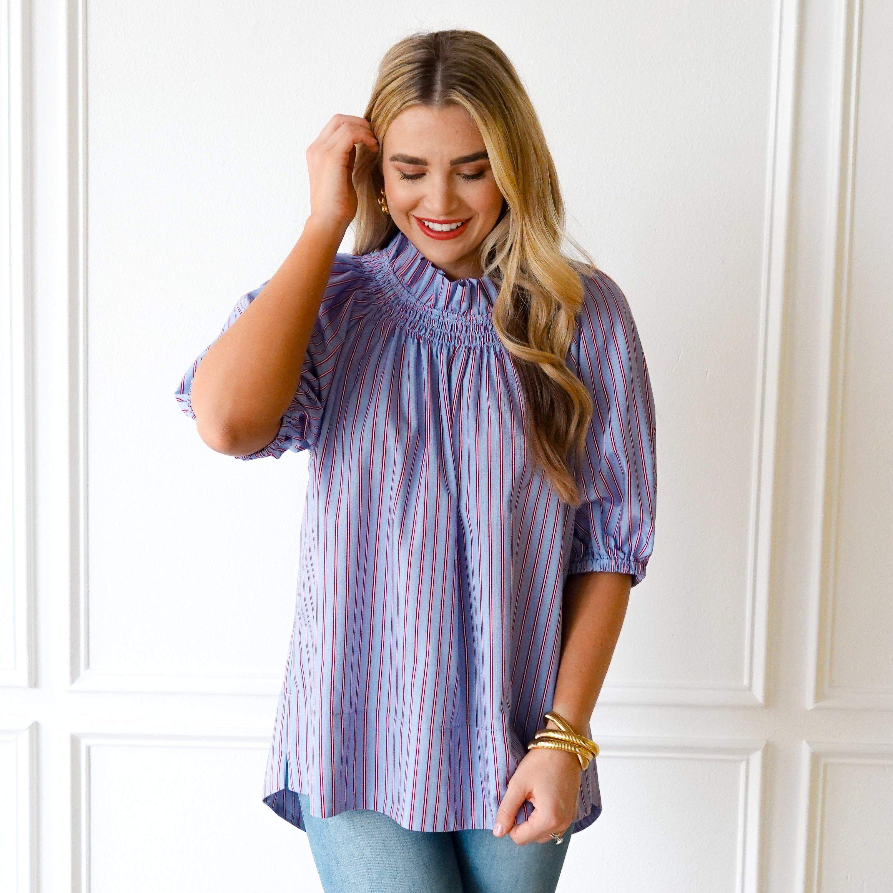 Caryn Lawn Brooke Top Blue and Red Stripe
