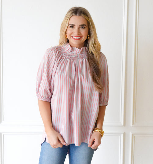 Caryn Lawn Brooke Top Gray and Persimmon Stripe