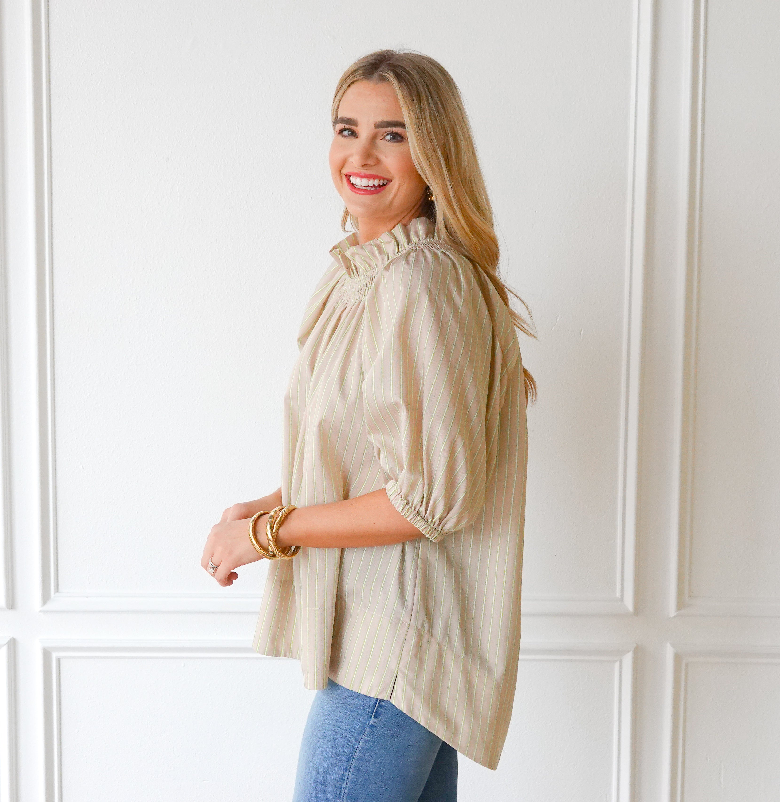 Caryn Lawn Brooke Top Khaki and Neon Stripe