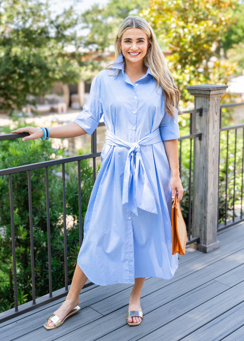 Charlotte Dress Long Blue Stripe