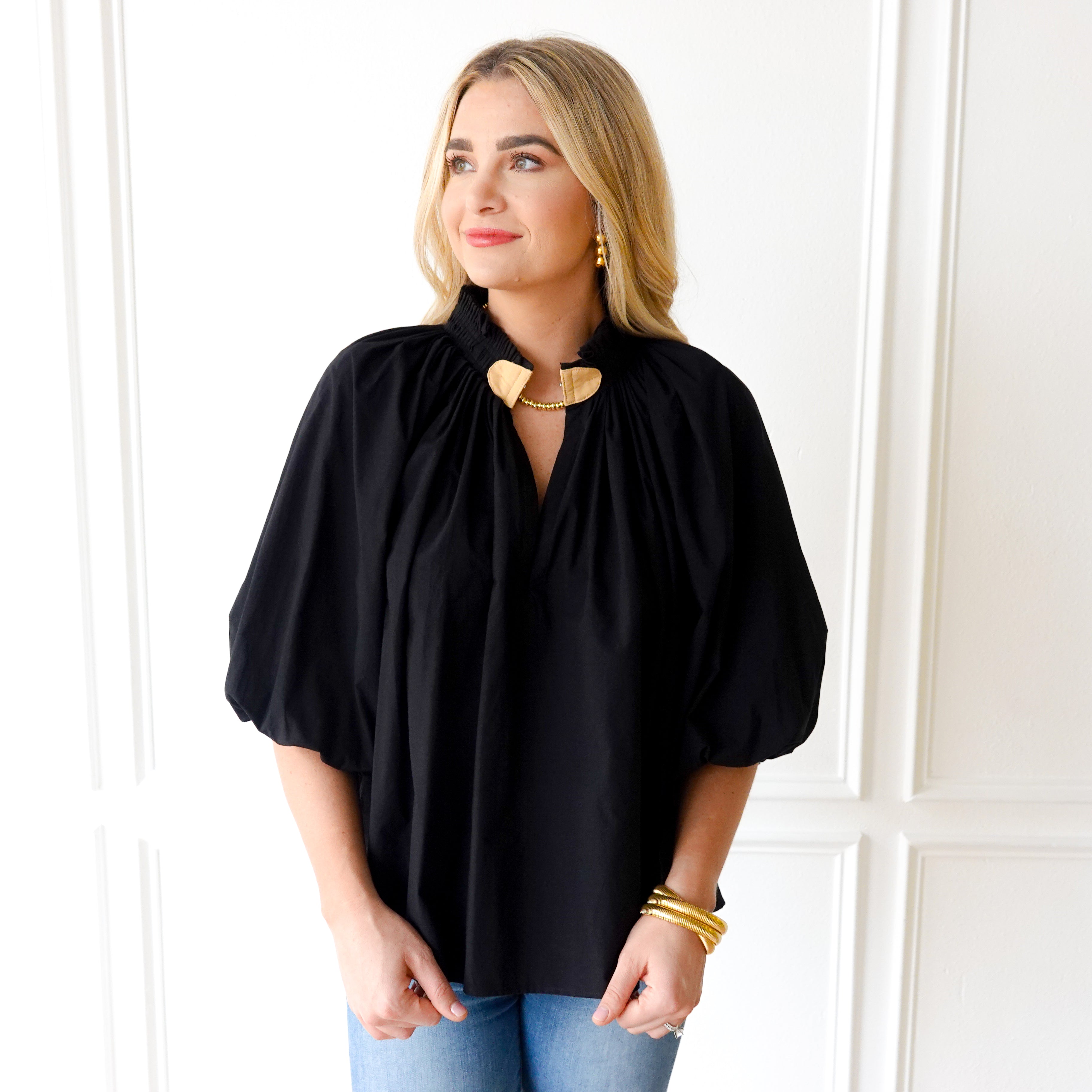 Caryn Lawn Camille Top Black and Khaki