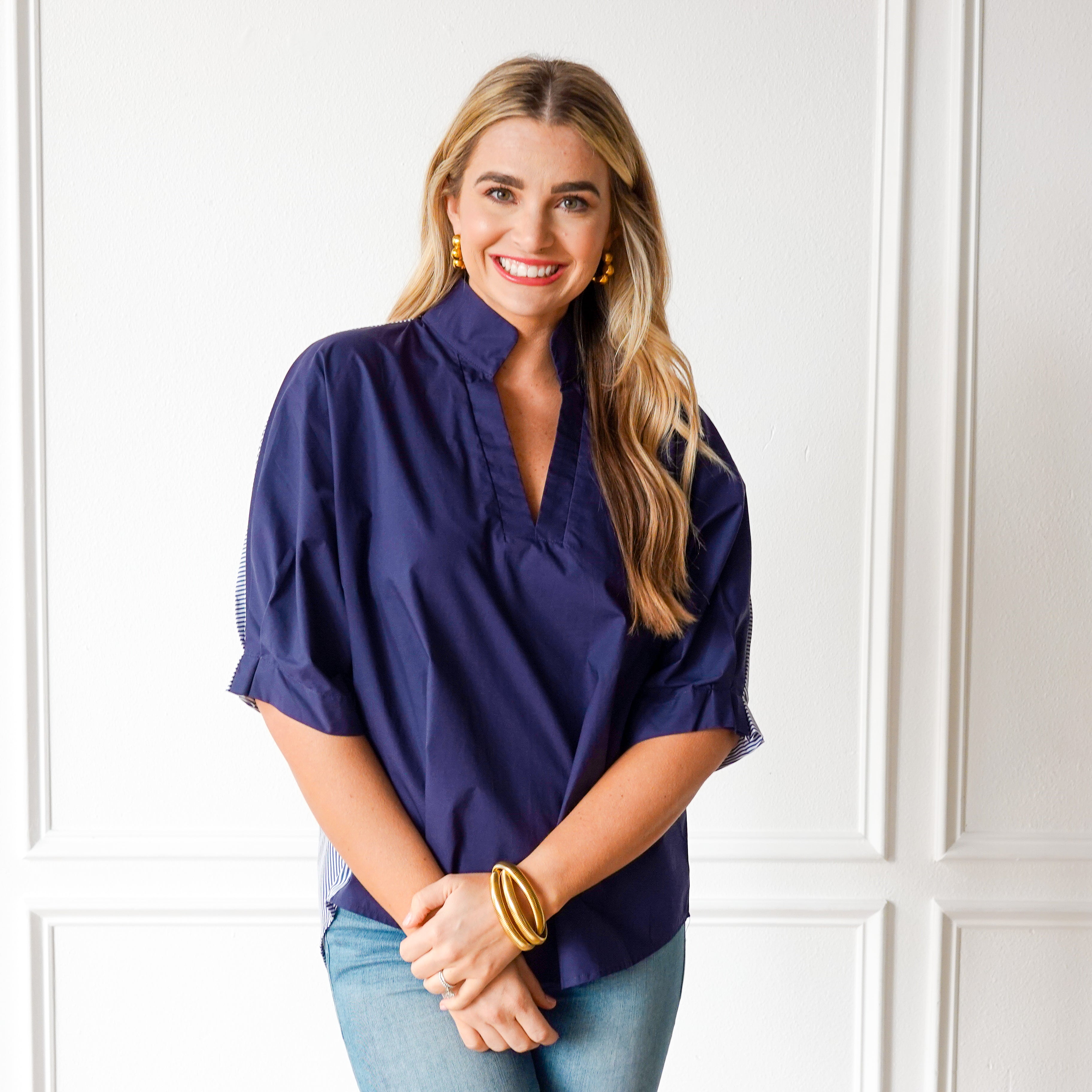 Caryn Lawn Caroline Contrast Top Navy Stripe