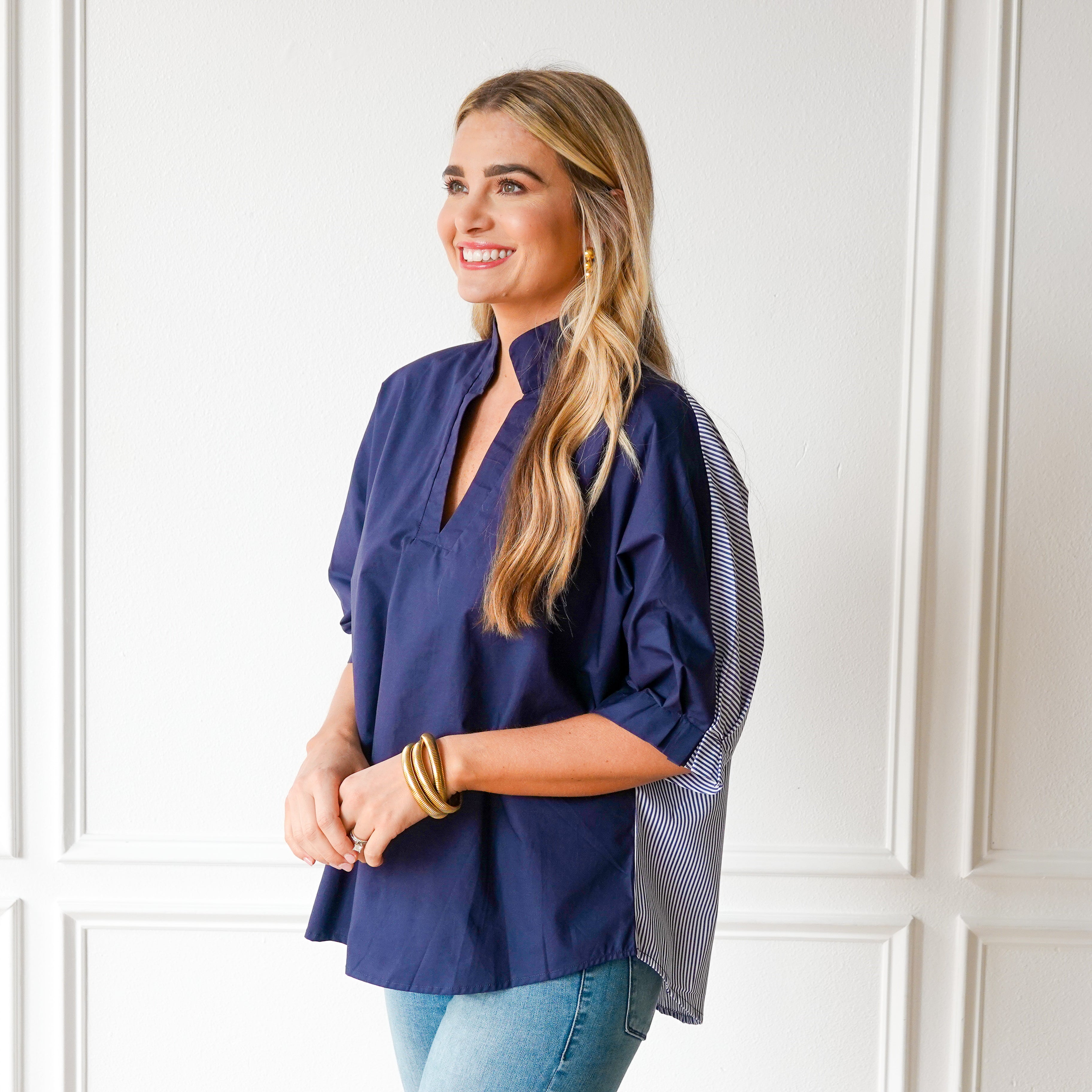 Caryn Lawn Caroline Contrast Top Navy Stripe