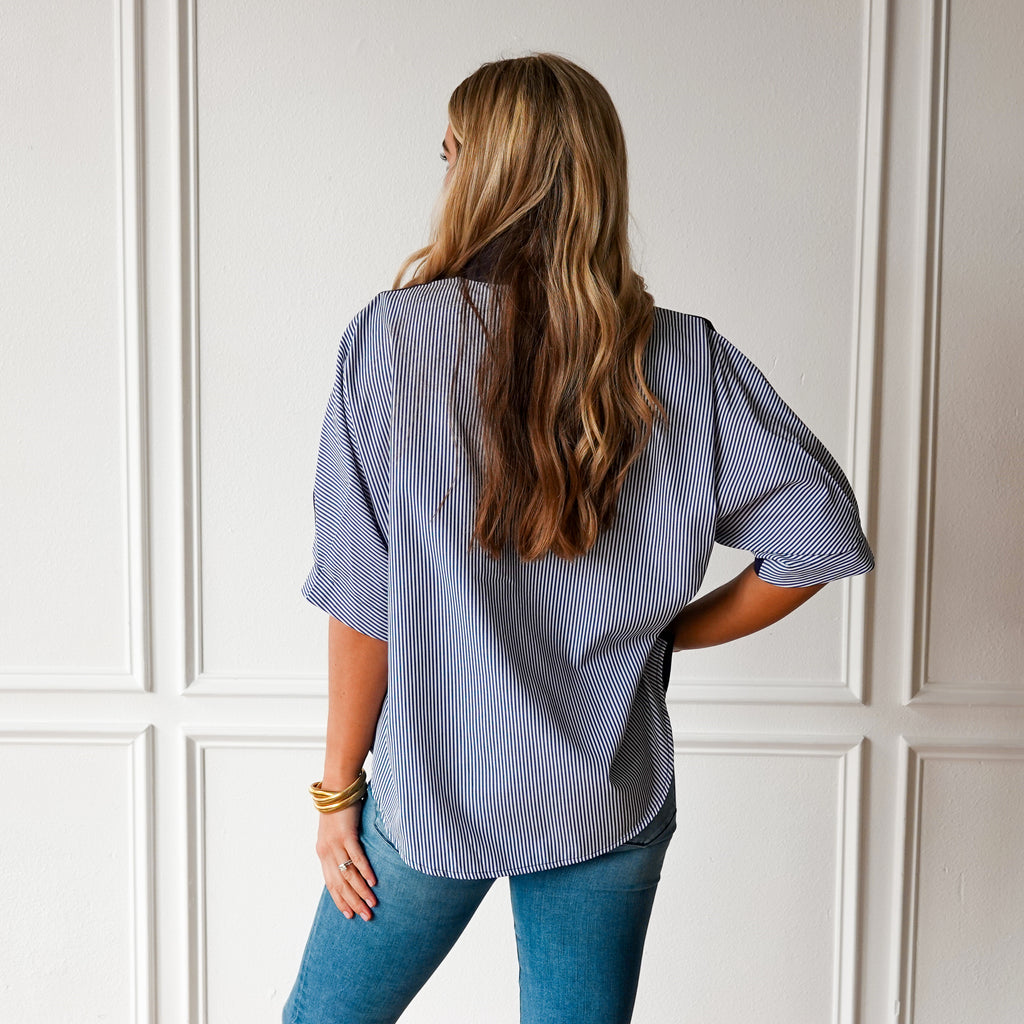 Caryn Lawn Caroline Contrast Top Navy Stripe
