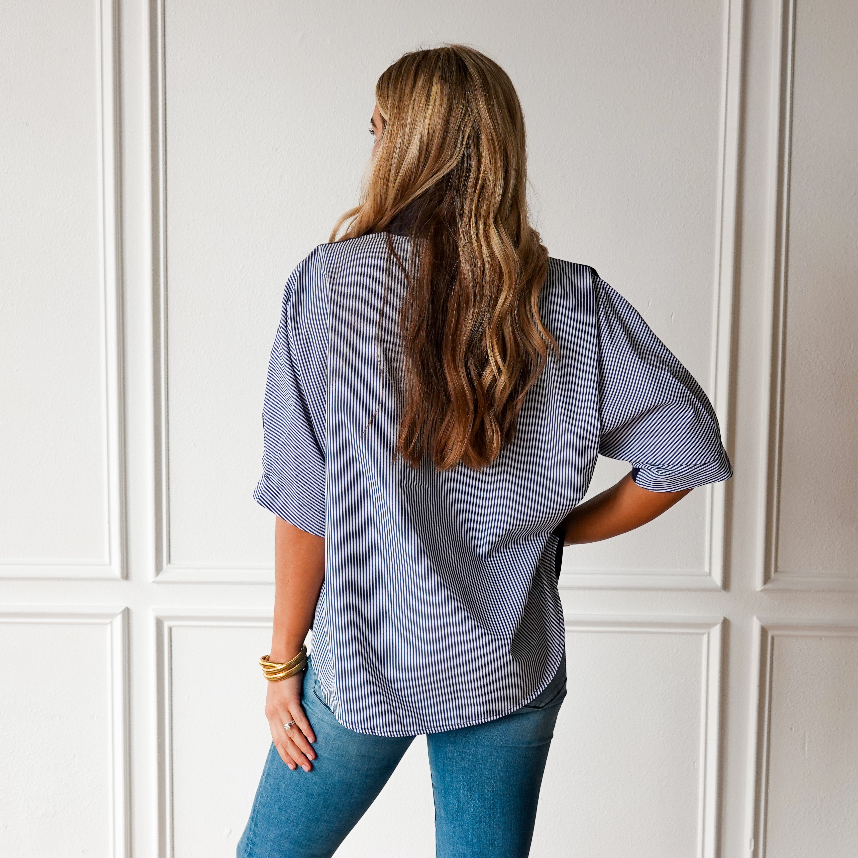 Caryn Lawn Caroline Contrast Top Navy Stripe