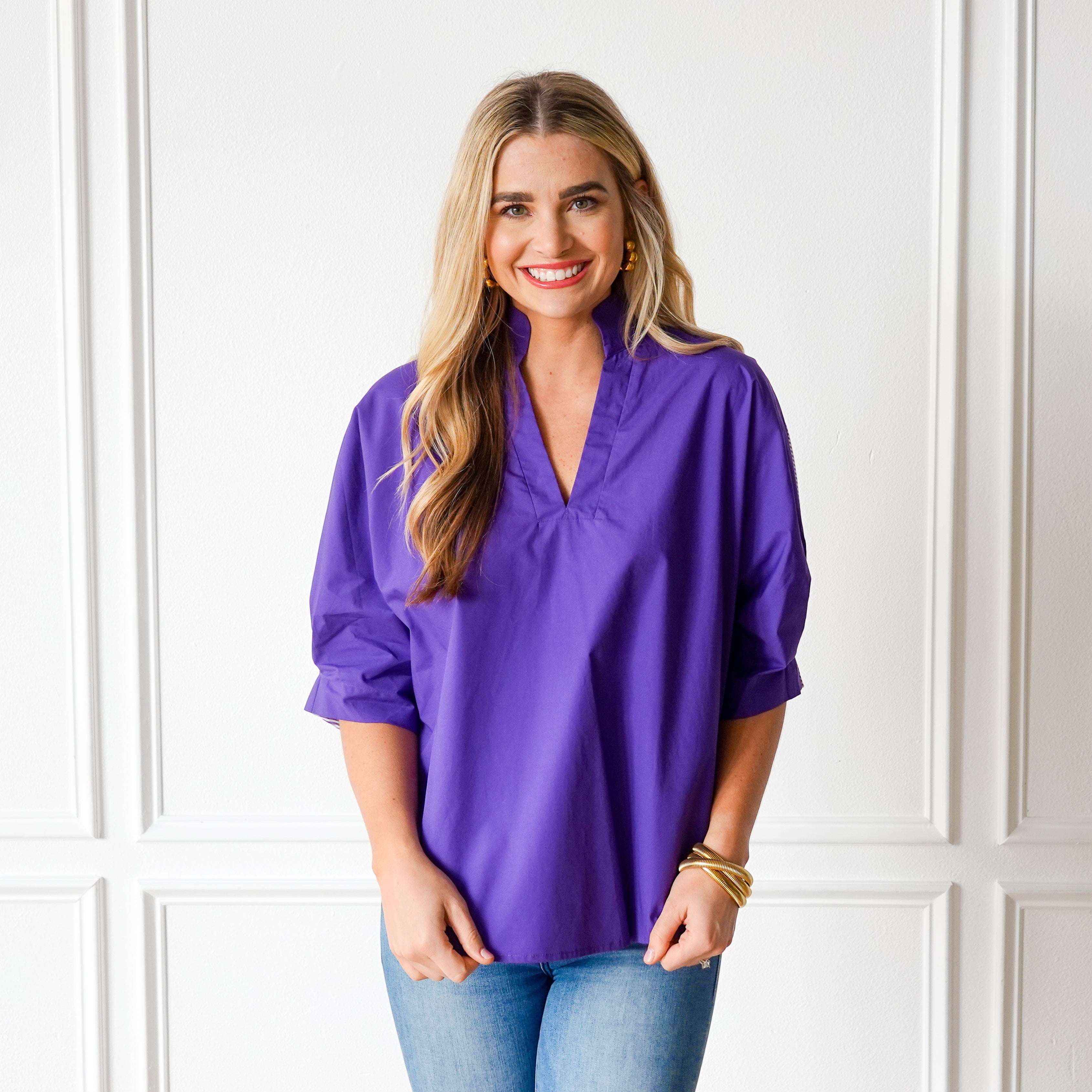 Caryn Lawn Caroline Contrast Top Purple Stripe